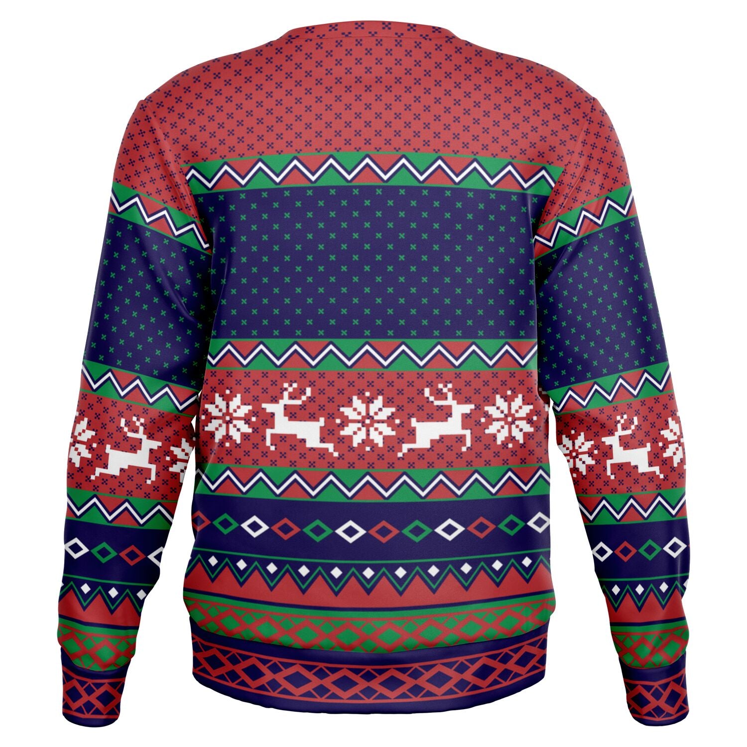 Back view of red and navy blue sweater with reindeer and snowflake patterns and no additional text — bold holiday spirit from CollegeWares.
