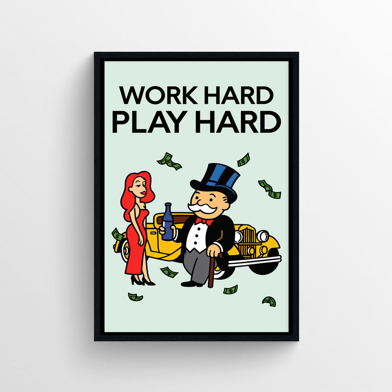 Mint-green motivational poster with bold typography and a cartoon tycoon celebrating beside a vintage car — modern aesthetic wall art for dorms, apartments, and home offices by CollegeWares.