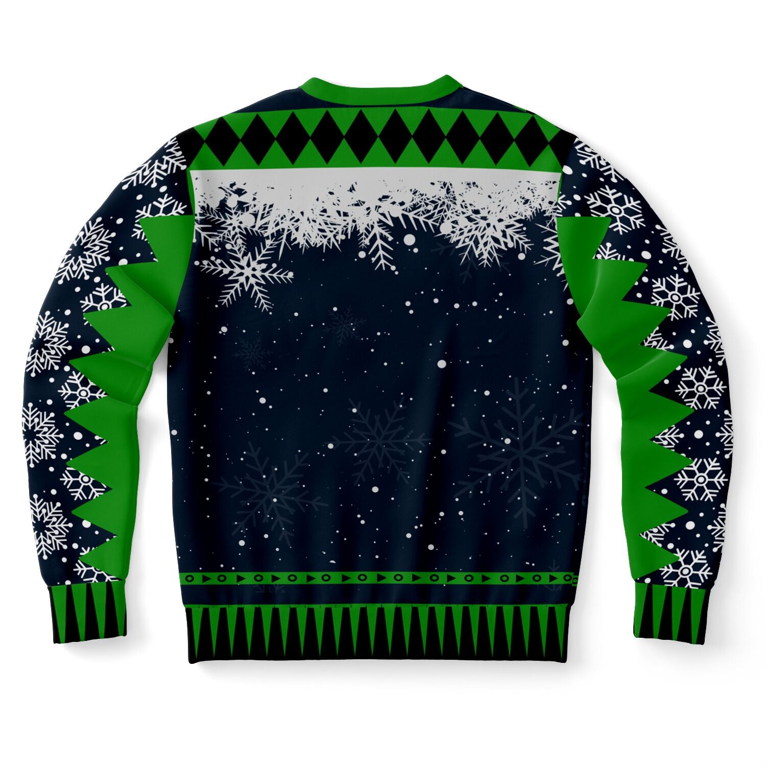 Back view of black and green sweater with snowy pattern and no text — cheeky Christmas parody from CollegeWares.