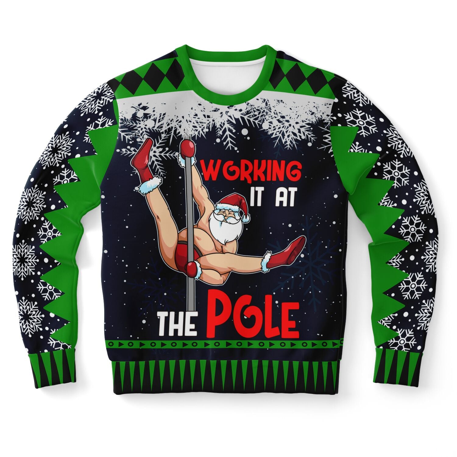 Black and green Christmas sweater with Santa pole dancing and “Working It at the Pole” slogan — naughty holiday humor from CollegeWares.