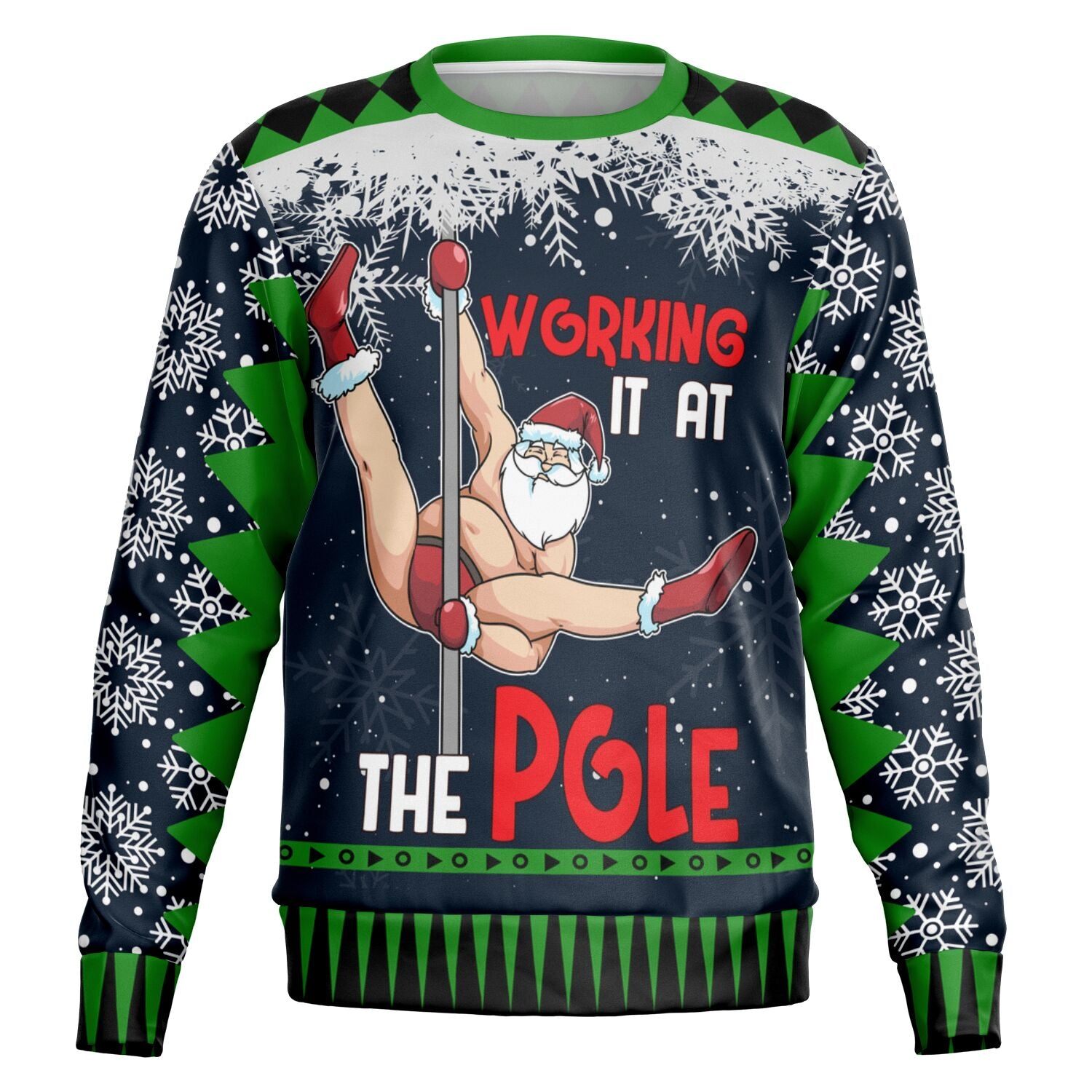 Black and green Christmas sweater with Santa pole dancing and “Working It at the Pole” slogan — naughty holiday humor from CollegeWares.