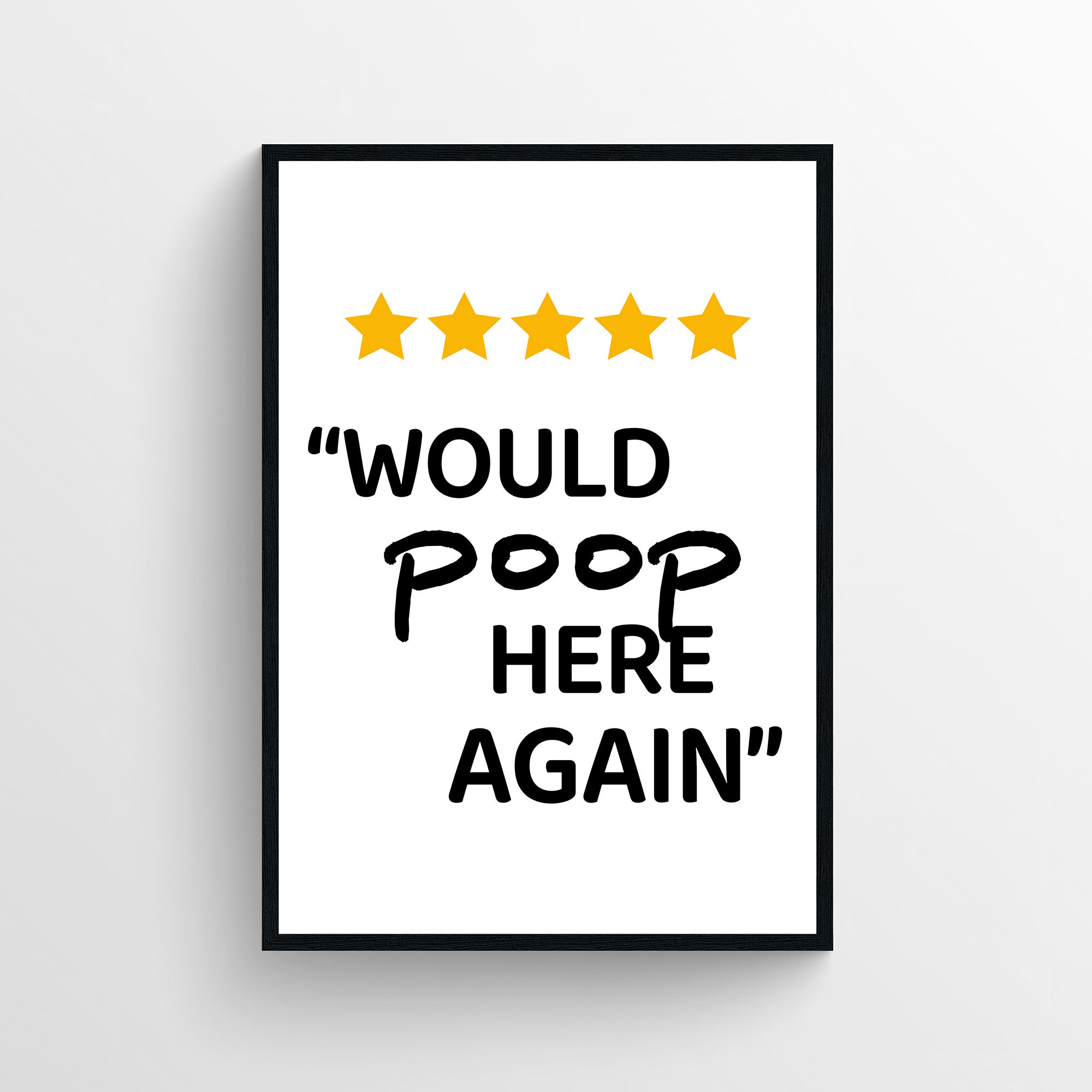 Funny bathroom poster featuring five gold stars and the text “Would Poop Here Again” in bold and handwritten typography. Humorous bathroom wall art designed for guest bathrooms and restrooms from CollegeWares.