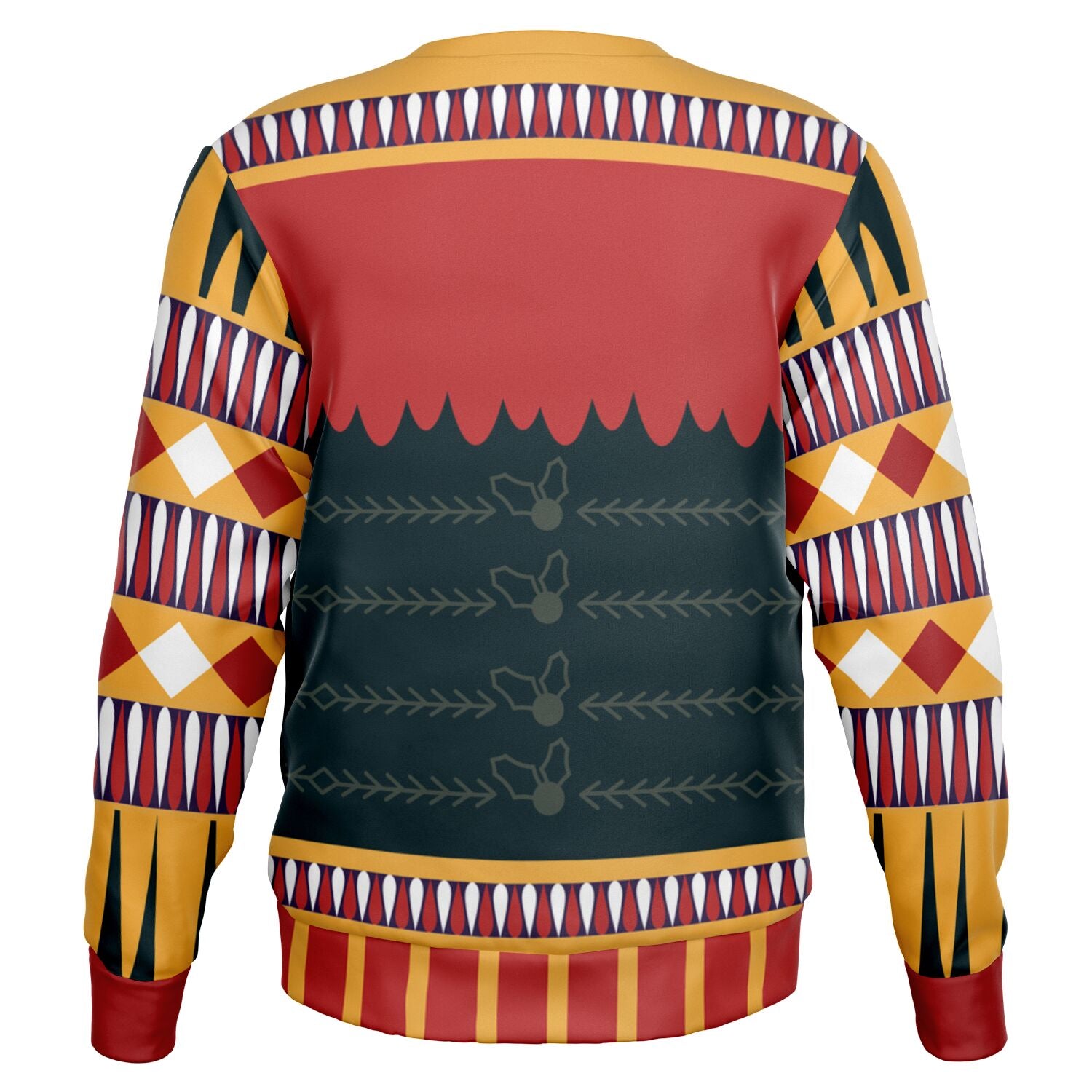 Back view of black, red, and gold sweater with no text and nutcracker-inspired pattern — bold seasonal chaos from CollegeWares.