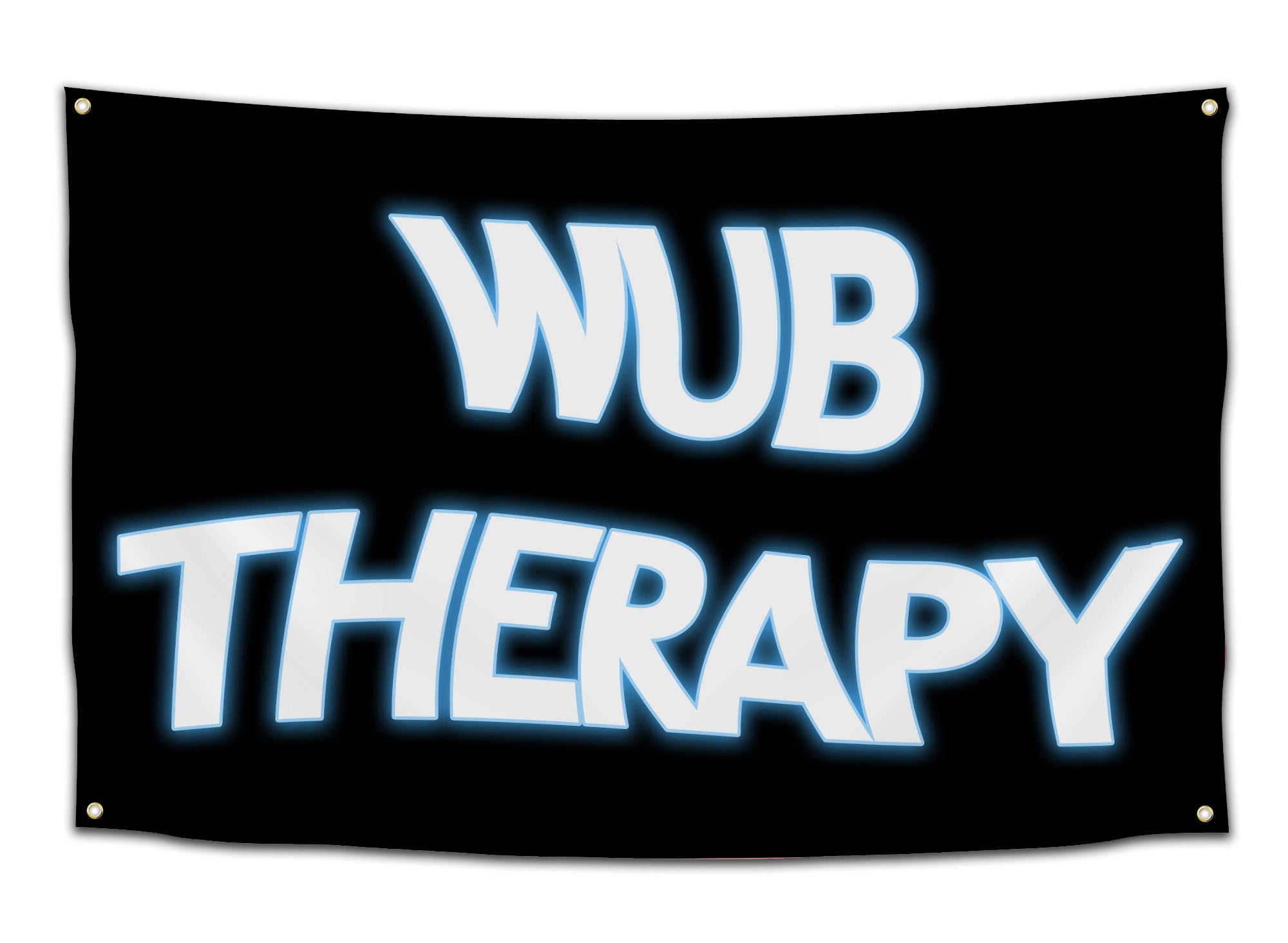 Black funny dorm flag with bold glowing white and blue text that reads “WUB THERAPY” — EDM bass music banner for dubstep fans, ravers, and college party rooms from CollegeWares.