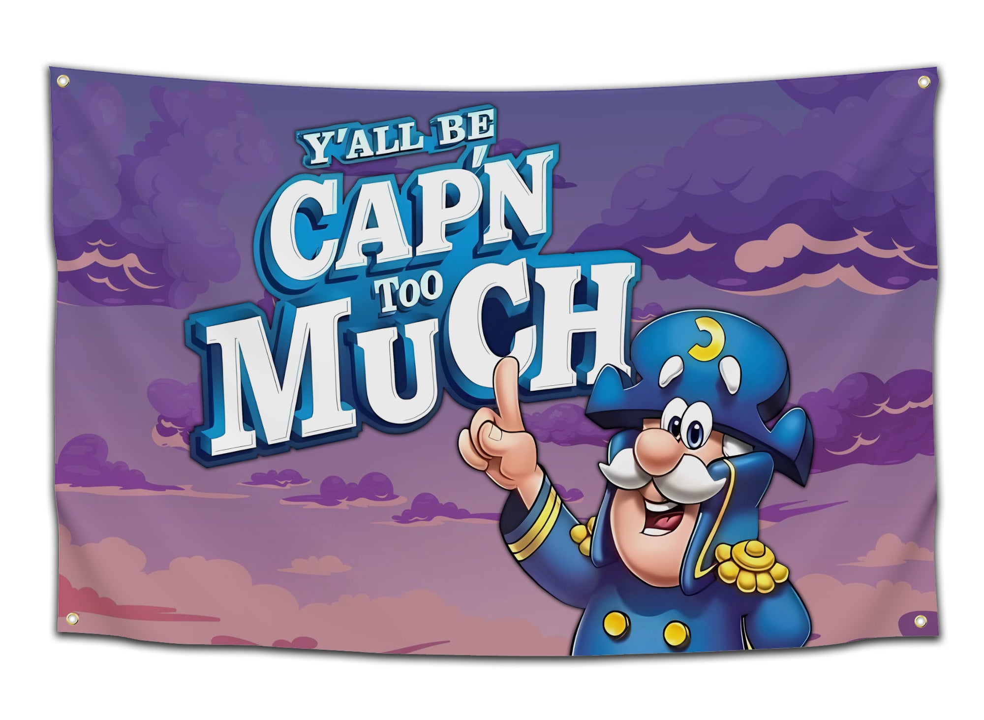 Purple flag with a cartoon captain pointing upward next to bold bubble text that says “Y’all Be Cap’n Too Much” — funny meme wall decor for college dorms and roast-loving roommates by CollegeWares.
