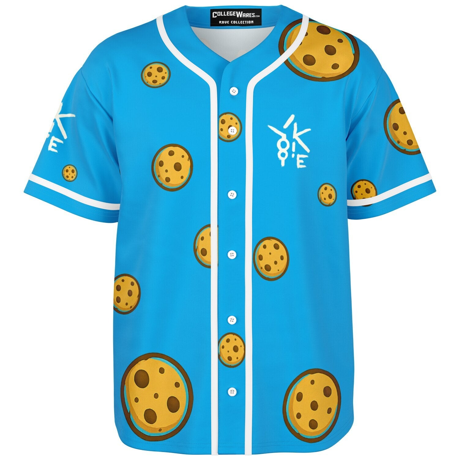 3D mockup of Yookie Crisp baseball jersey front, bright blue with scattered cartoon chocolate-chip cookies and a white Yookie logo on the chest.