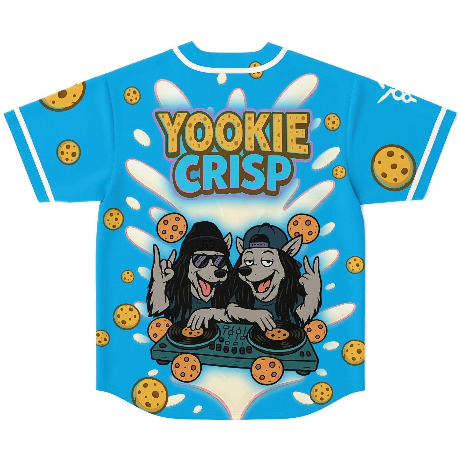 Back of Yookie Crisp EDM baseball jersey with two cartoon wolf DJs mixing on cookie turntables under the bold Yookie Crisp logo, surrounded by scattered cookies and creamy milk splashes on a neon blue background.