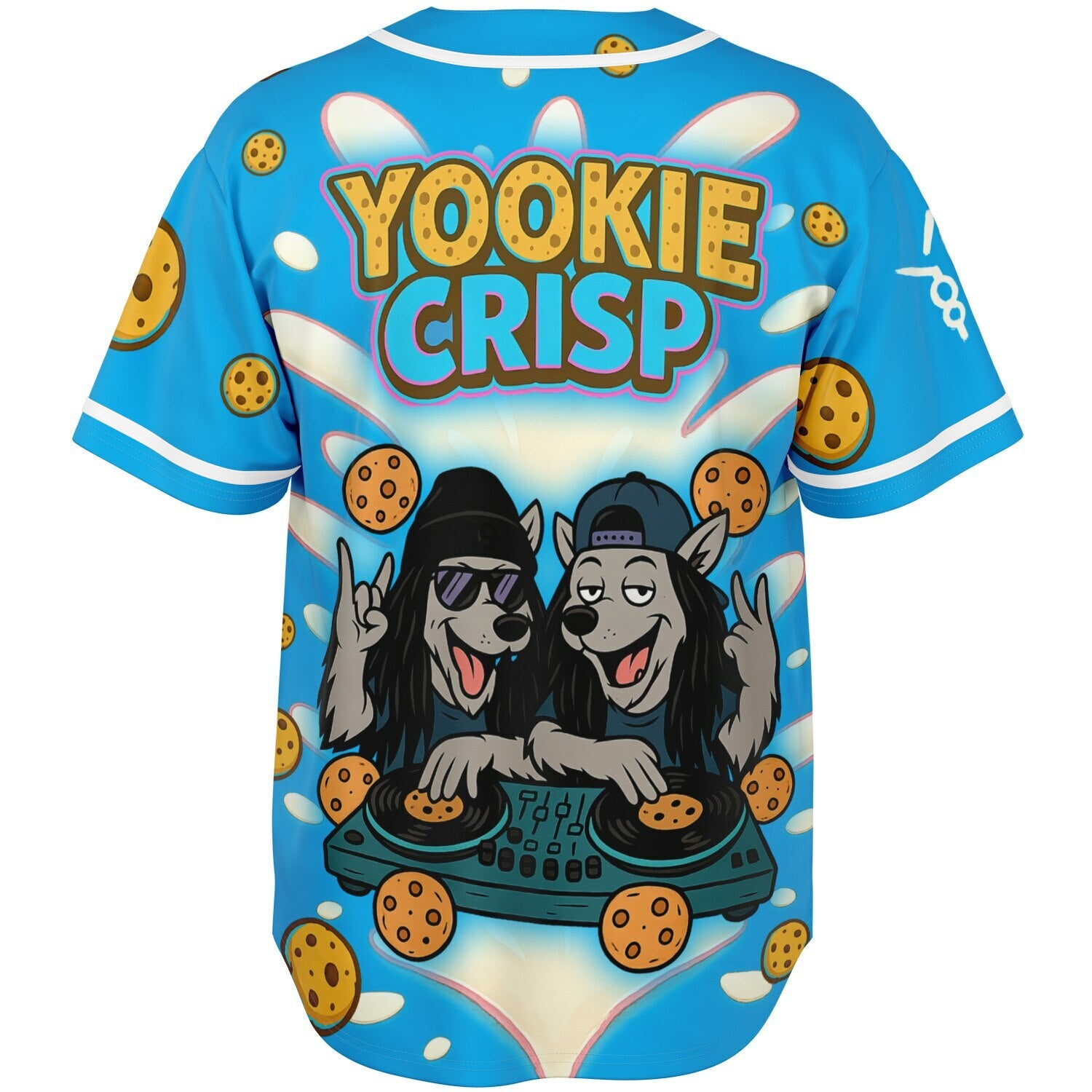 3D mockup of Yookie Crisp baseball jersey back, featuring two cartoon wolf DJs at cookie turntables, bold Yookie Crisp logo, flying cookies, and creamy milk splashes on a neon blue background.