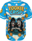 3D mockup of Yookie Crisp baseball jersey back, featuring two cartoon wolf DJs at cookie turntables, bold Yookie Crisp logo, flying cookies, and creamy milk splashes on a neon blue background.