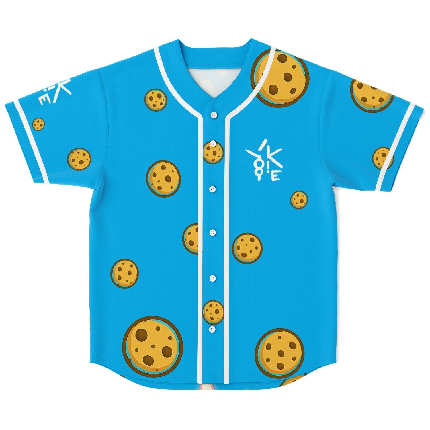 Front of Yookie Crisp EDM baseball jersey on bright blue fabric, covered in floating cartoon chocolate-chip cookies and a small white Yookie logo on the left chest.