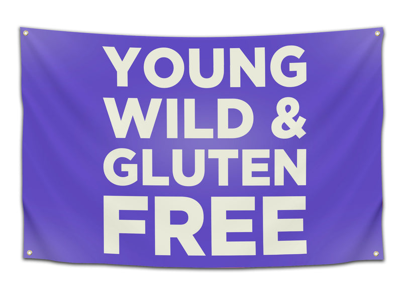 Purple funny dorm flag with large white text that says “YOUNG WILD & GLUTEN FREE” — meme wall decor and college party banner for gluten-free students and food allergy humor from CollegeWares.