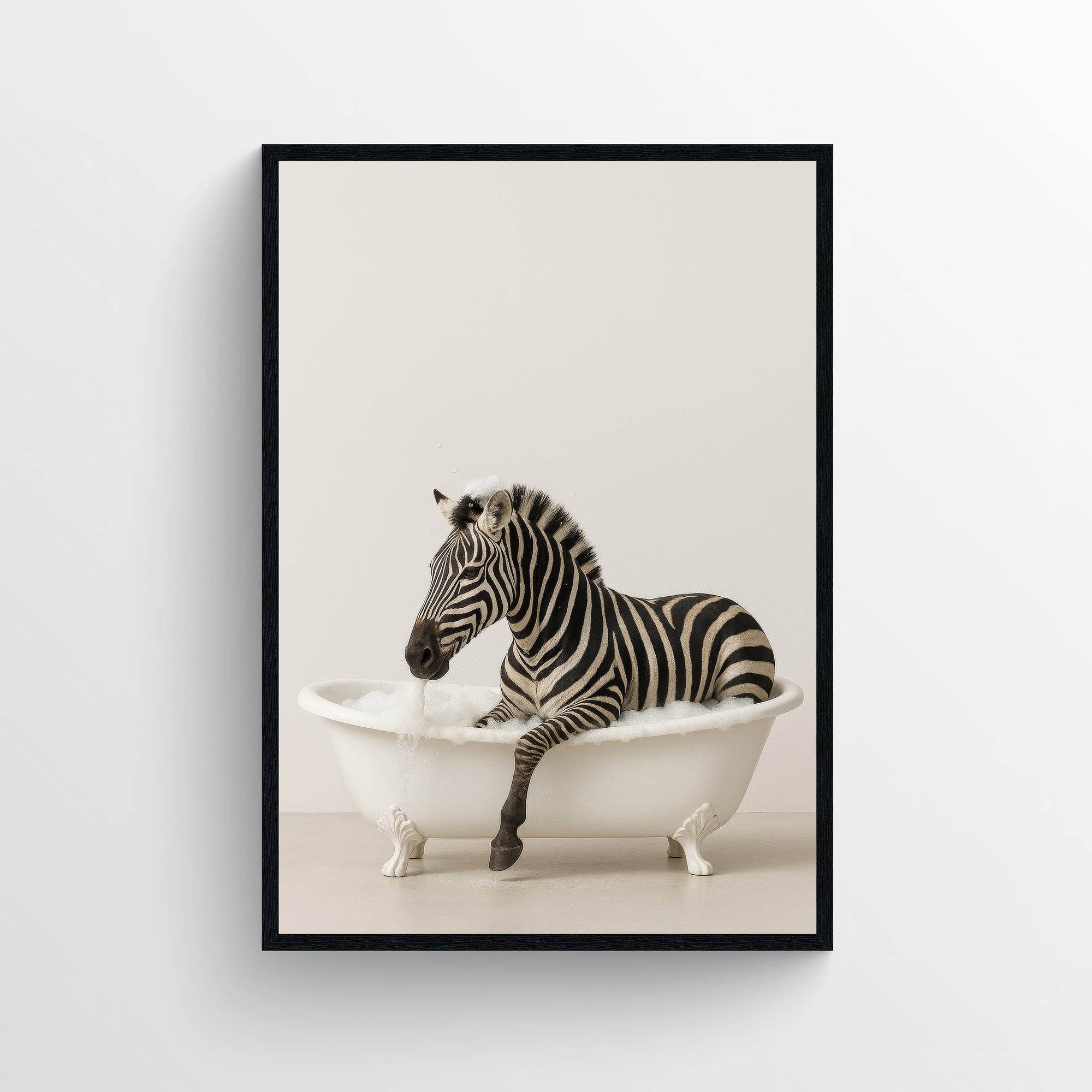 Photorealistic zebra lounging in a white clawfoot bathtub — funny bathroom poster with clean minimalist style for apartments, dorms, and modern bathrooms, animal wall print by CollegeWares.