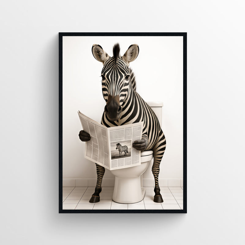 Photorealistic zebra sitting on a toilet reading a newspaper — funny bathroom poster with clean minimalist style for apartments, dorms, and modern bathrooms, animal wall print by CollegeWares.