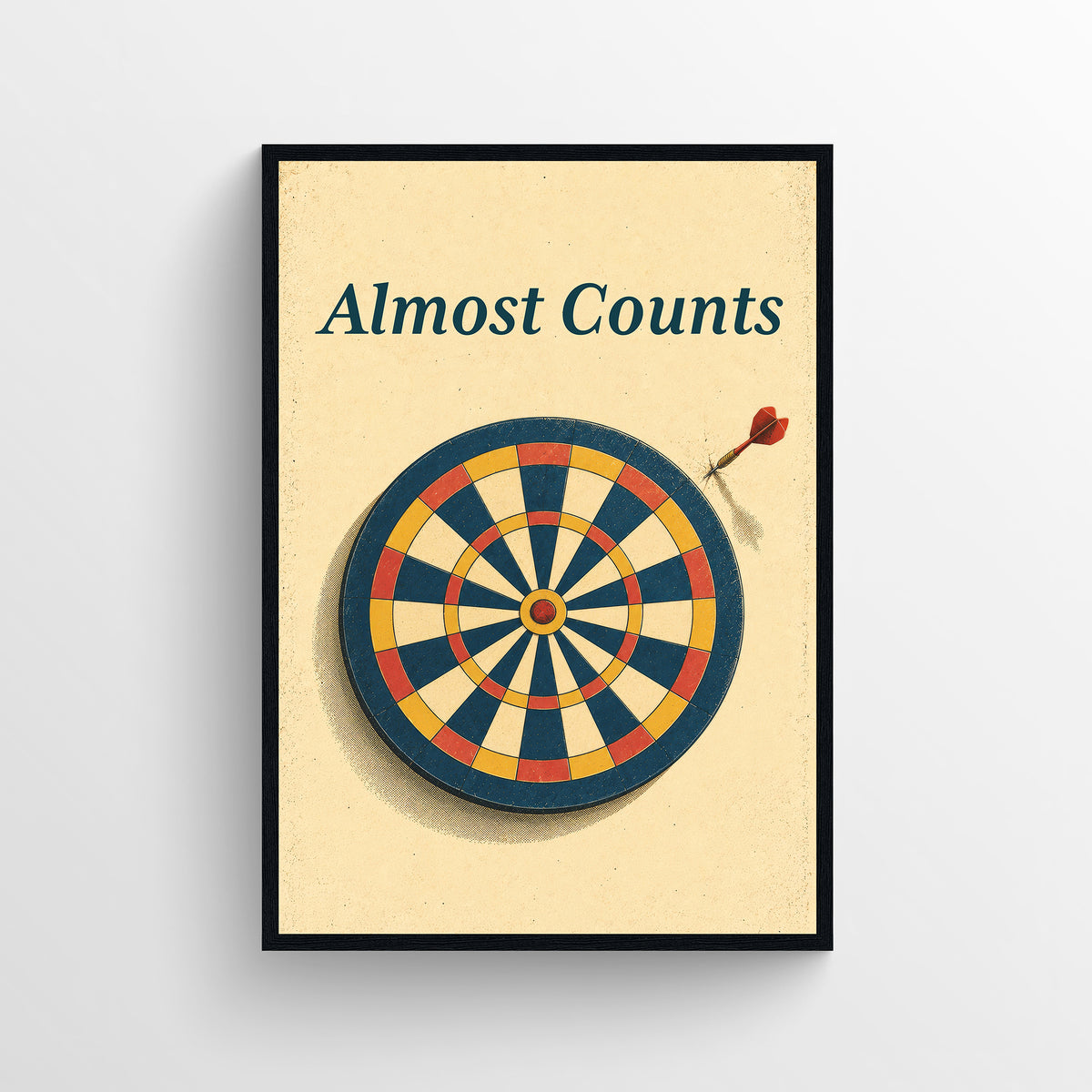 Retro-style poster reading “Almost Counts,” illustrated with a colorful target with a dart close to the center, in warm cream, teal, and orange tones.