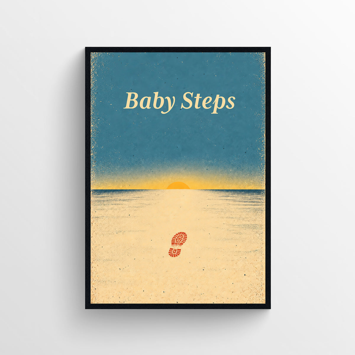 Retro-style poster reading “Baby Steps,” illustrated with a single footprint on a sandy landscape, in warm cream, teal, and orange tones.