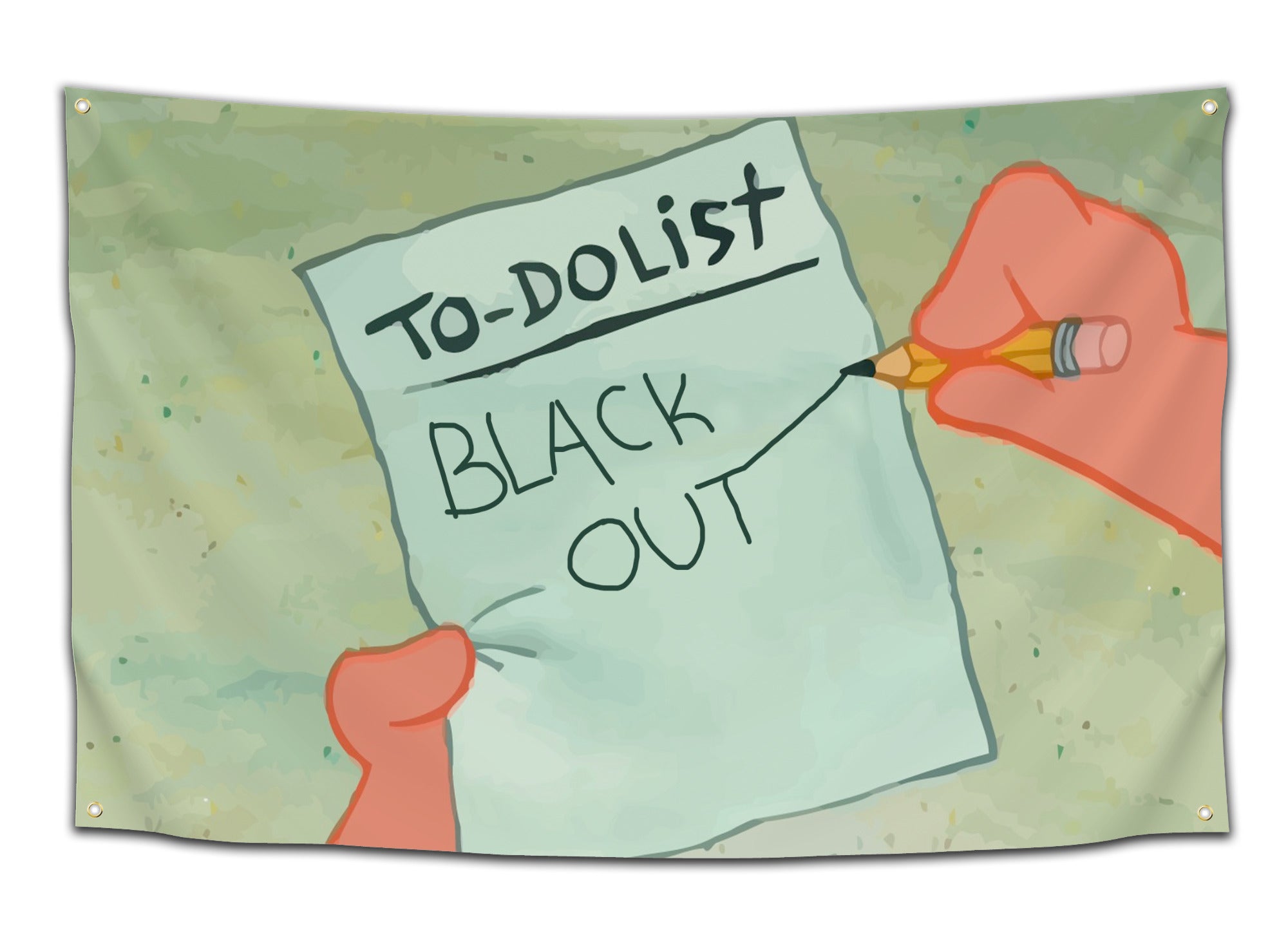 Flag featuring a cartoon Patrick Star's hand holding a “To-Do List” reading “Black Out” — funny drinking party flag from CollegeWares.