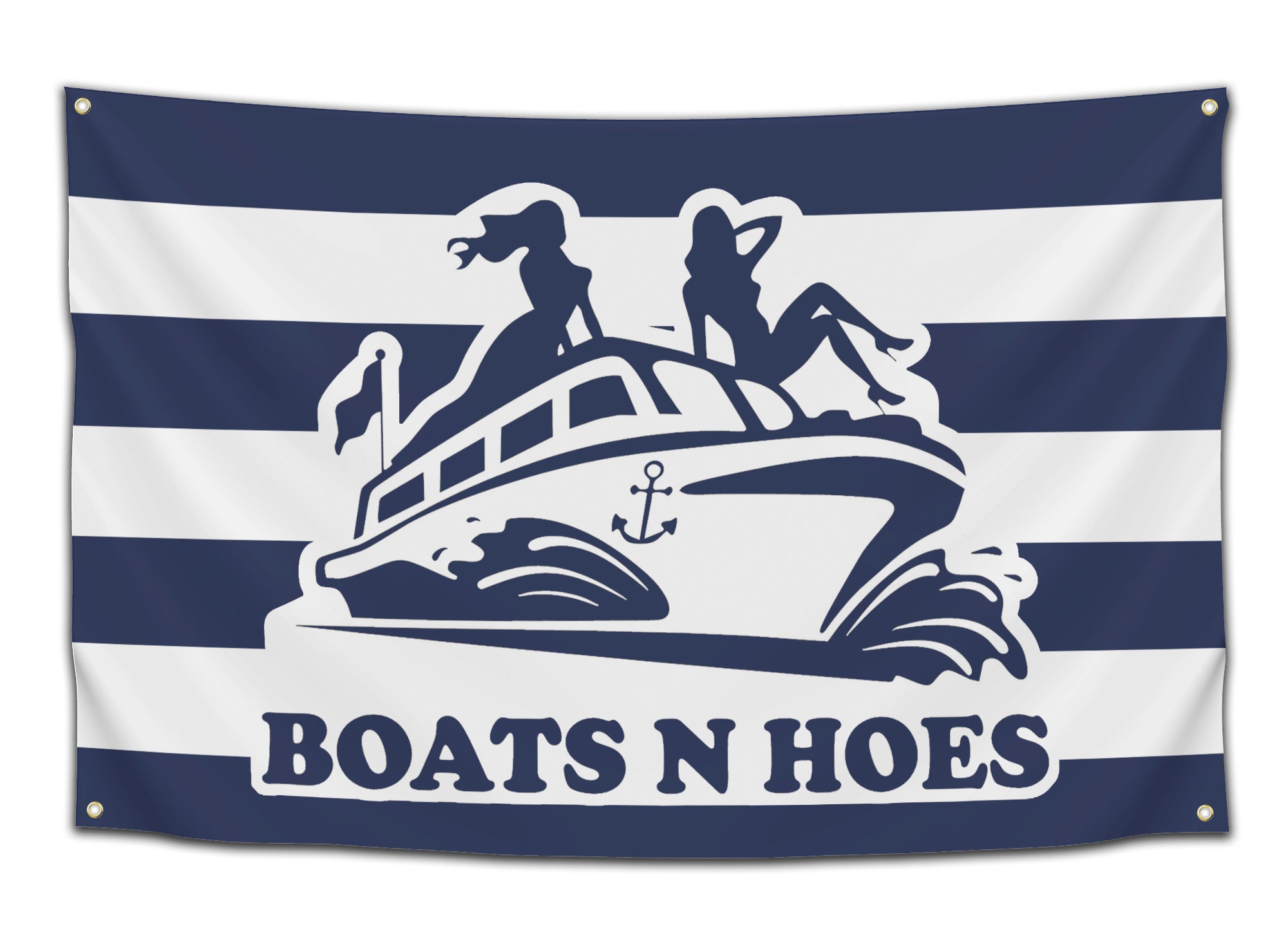 Navy and white striped “Boats N Hoes” flag featuring two women posing on a yacht – funny Step Brothers dorm flag from CollegeWares.