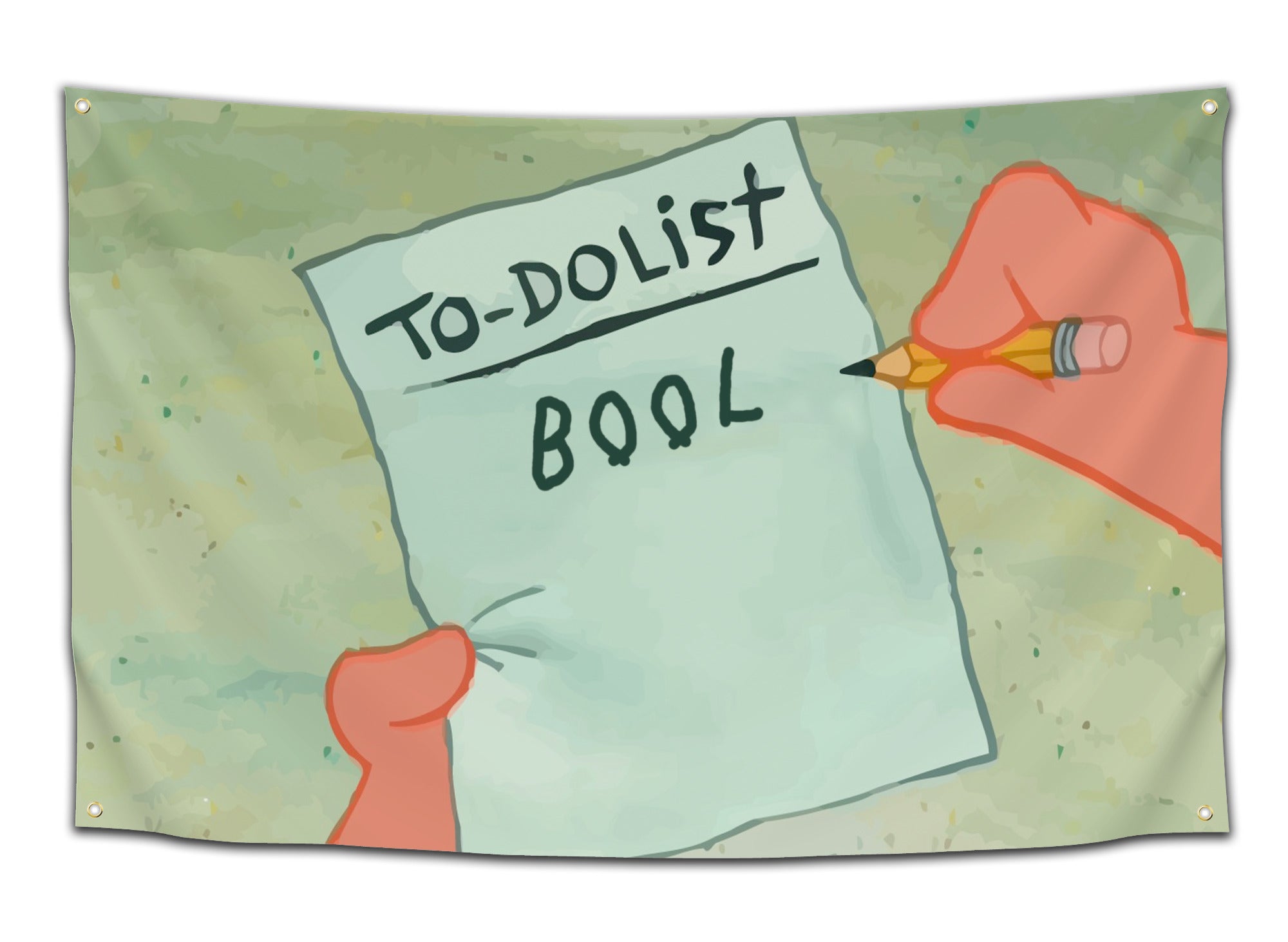 Flag featuring a cartoon Patrick Star hand holding a “To-Do List” reading “Bool” — party slang dorm flag from CollegeWares.