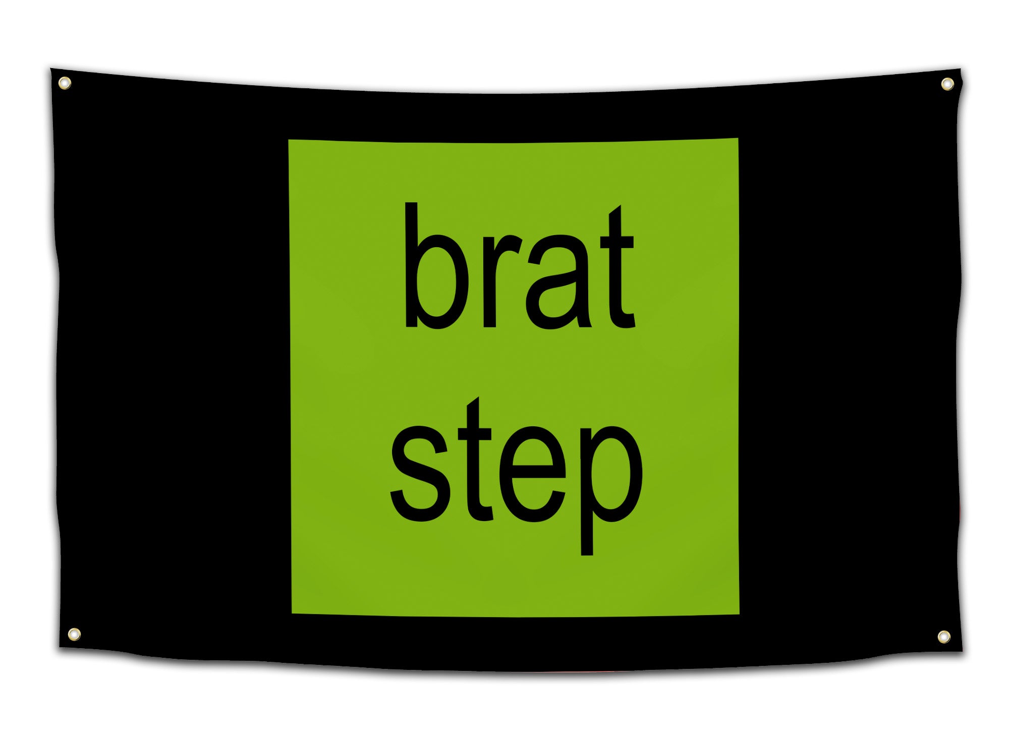 Black flag with a bright lime green square in the center featuring the words “brat step” in bold black text — funny EDM-inspired dorm and rave flag for bass lovers from CollegeWares.