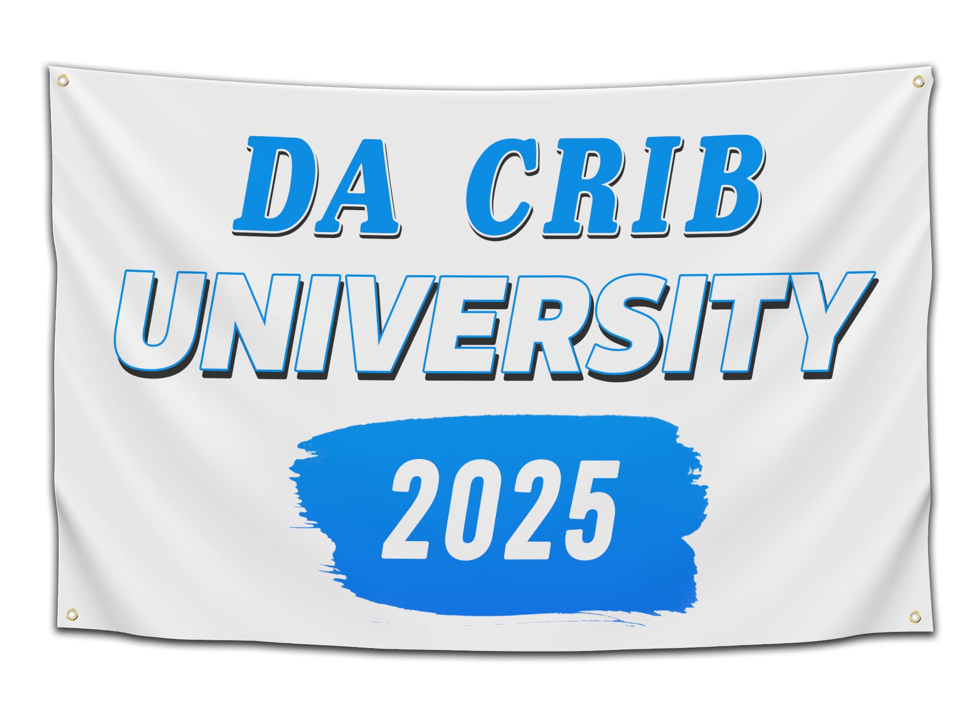 White and blue “Da Crib University 20XX” flag with bold, playful text – funny graduation or college dorm decor from CollegeWares.