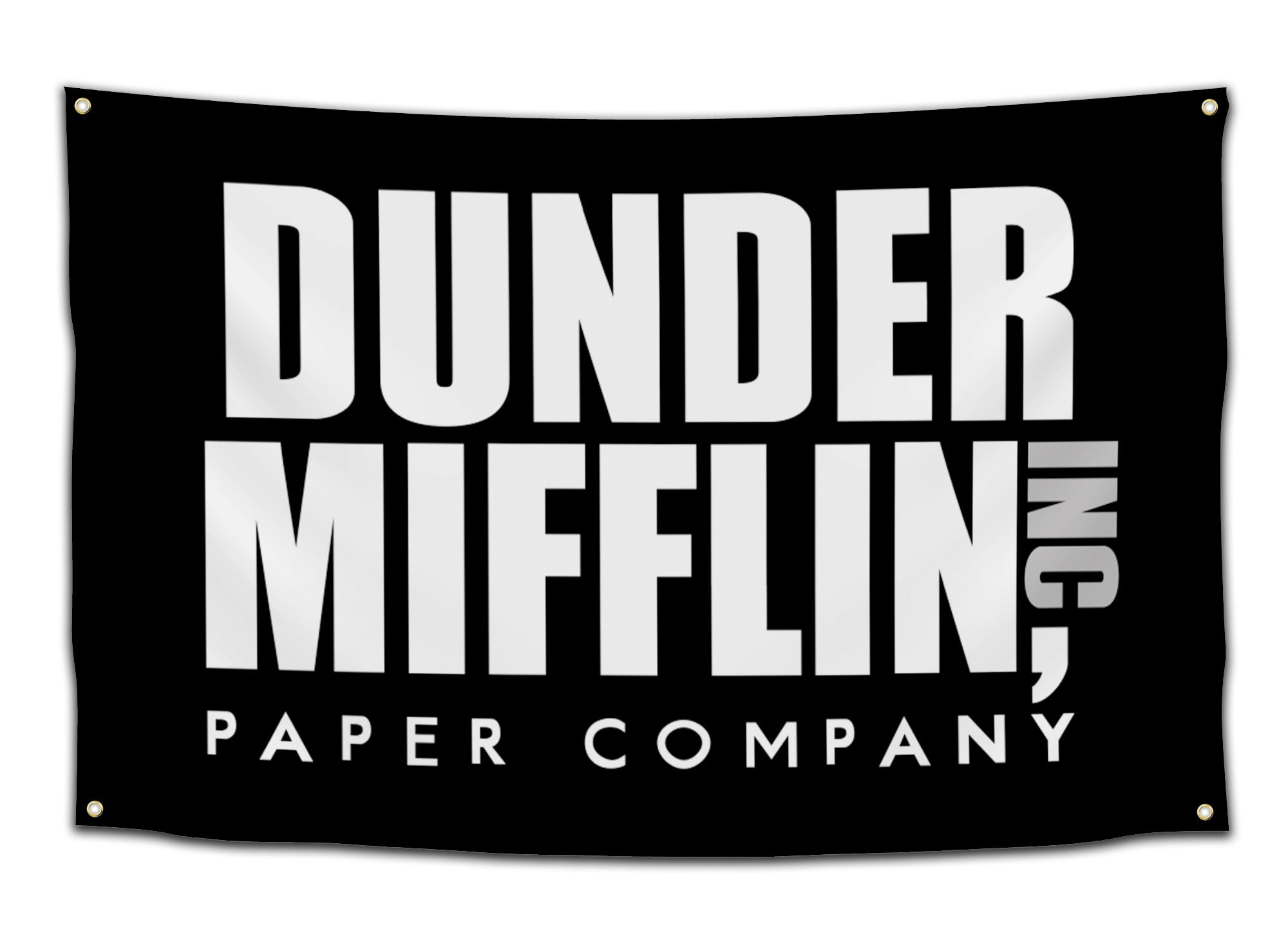 Black flag with bold white text reading “Dunder Mifflin Paper Company, Inc.” – iconic “The Office” themed dorm flag from CollegeWares.