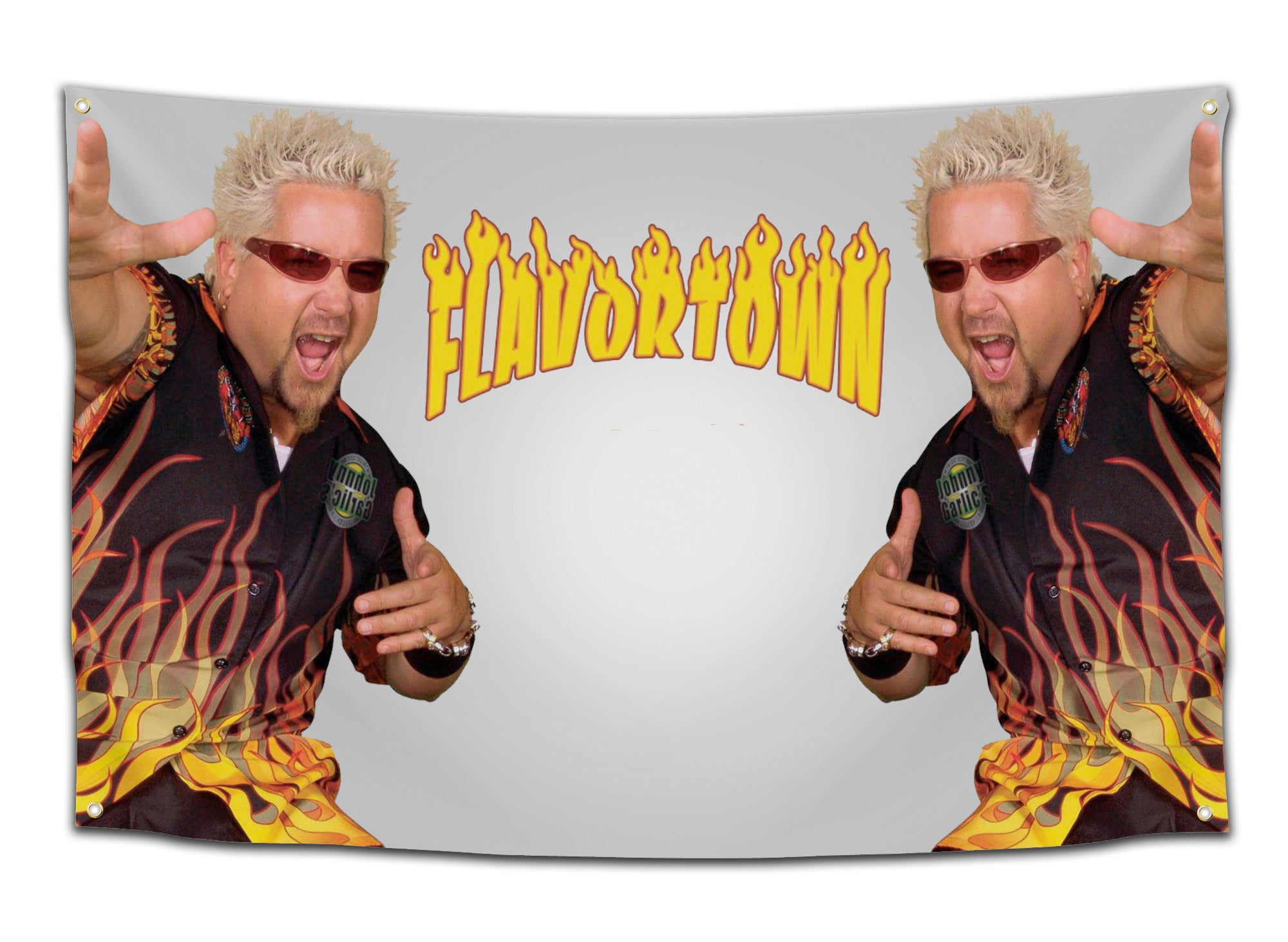 Funny Flavortown flag with Guy Fieri in flame shirt pointing and posing – hilarious college dorm decor from CollegeWares.