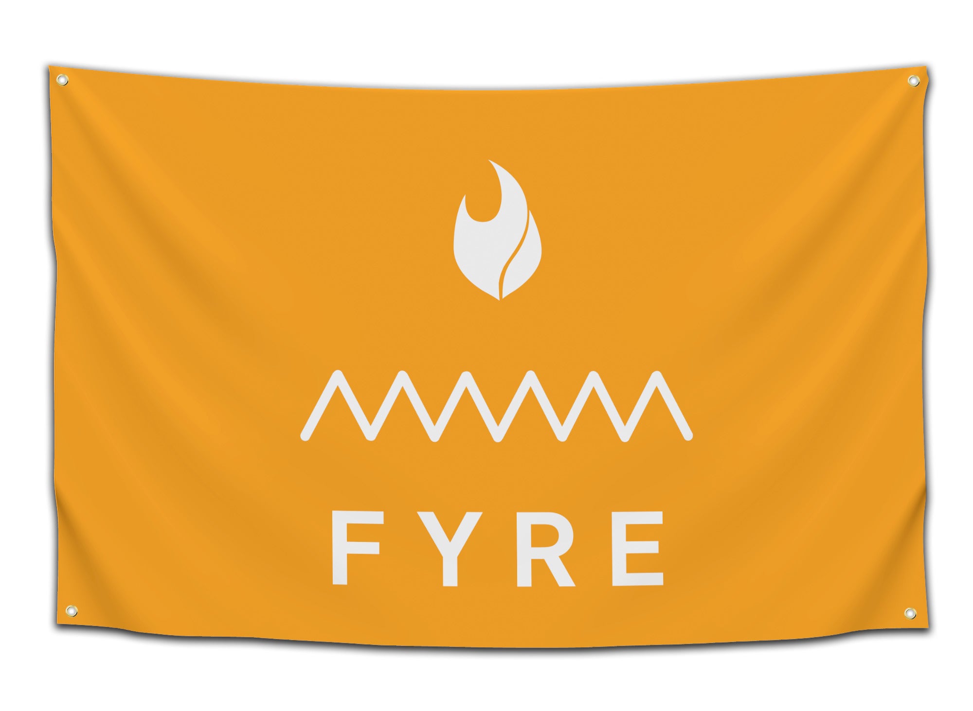 Bright orange flag with minimalist white “FYRE” festival logo – ironic party flag from CollegeWares.