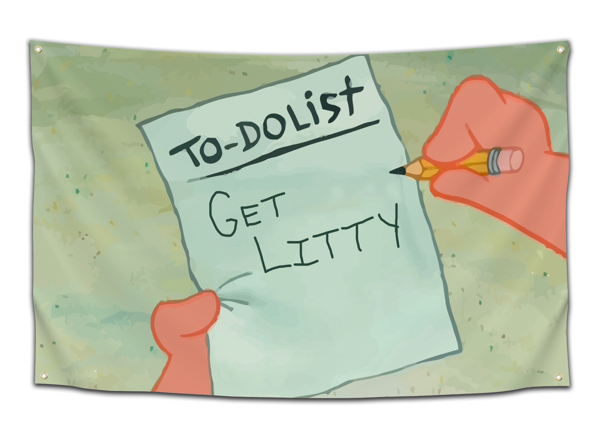 Flag featuring a cartoon Patrick Star's hand holding a “To-Do List” reading “Get Litty” — funny party motivation flag from CollegeWares.