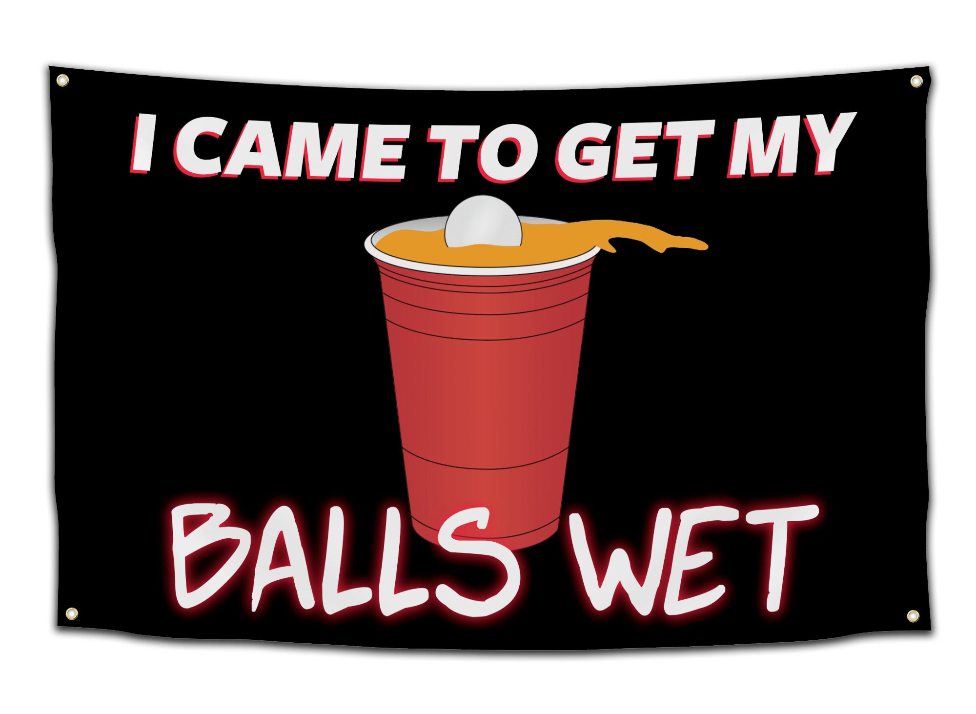 Black flag showing a red Solo cup filled with beer and a white ping pong ball splashing into it, with bold text above that says “I Came to Get My” and large red text below that says “Balls Wet". – funny college party banner with red solo cup design from CollegeWares.
