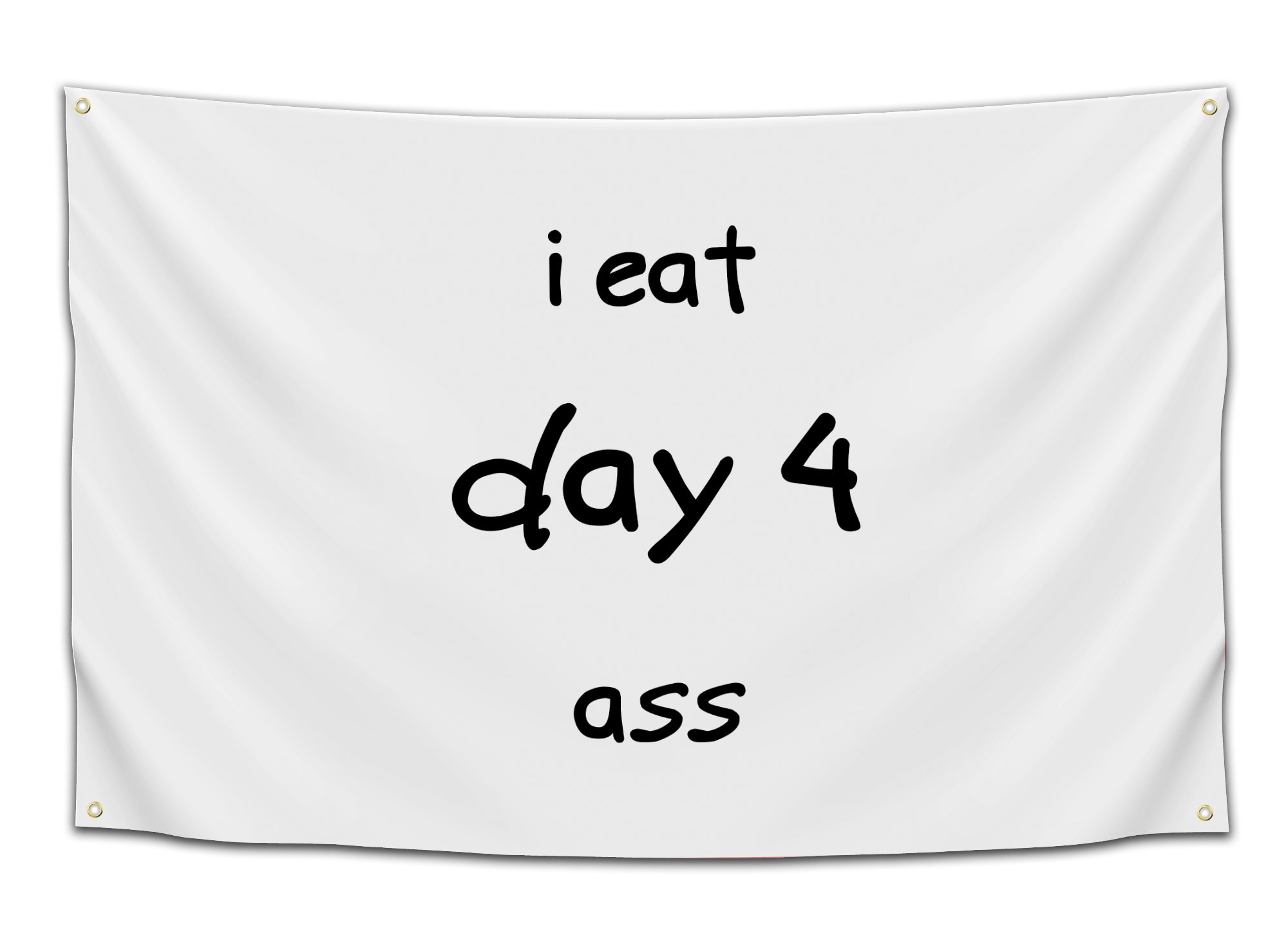 Funny college flag featuring the phrase “i eat day 4 ass” displayed in black handwritten style text on a clean white background. This minimalist meme wall decor brings absurd internet humor to dorm rooms, student apartments, and college spaces as a funny dorm flag from CollegeWares.