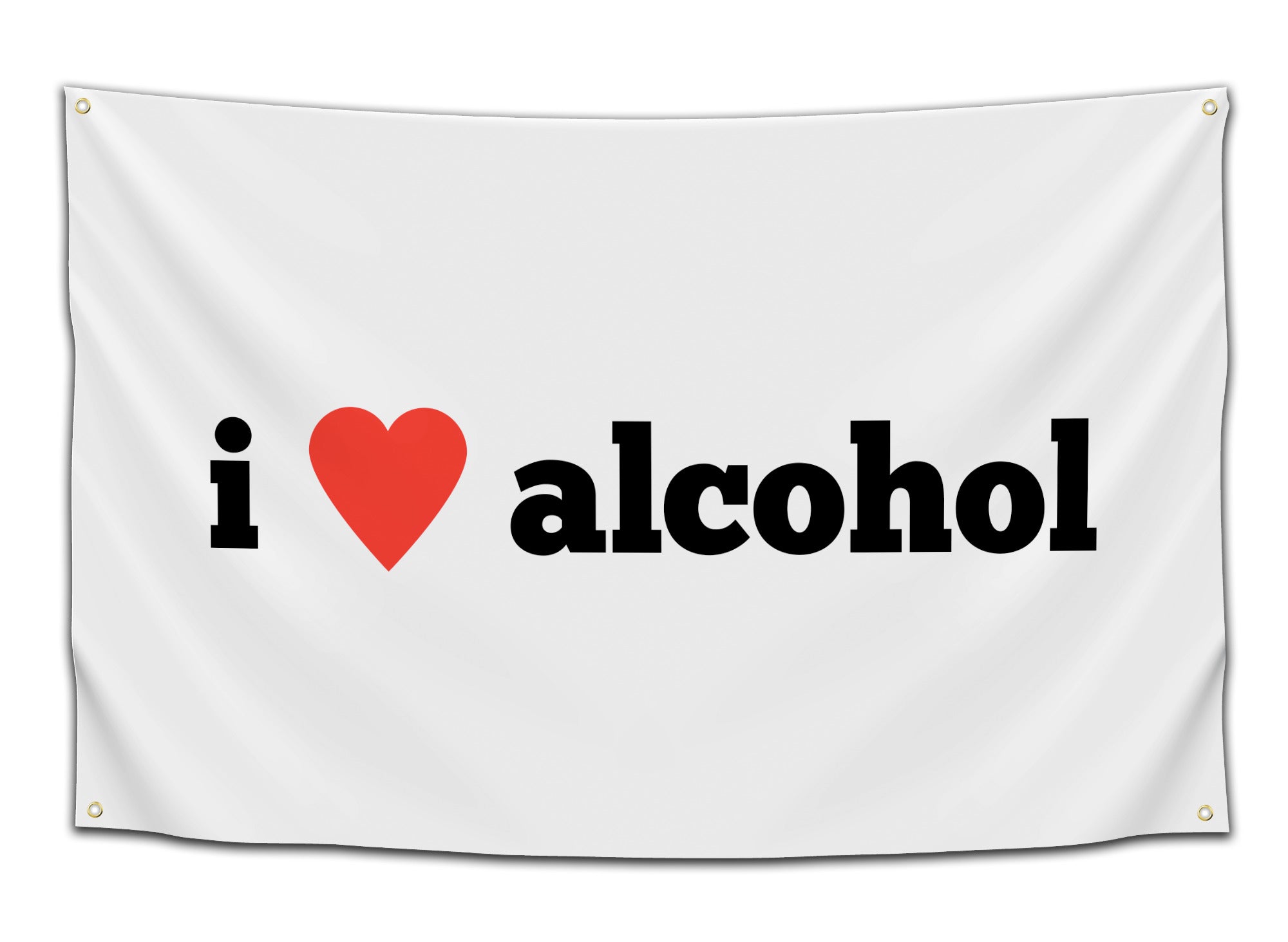 White flag with simple bold black text that says “i ❤️ alcohol,” where the heart symbol is red, styled like the classic “I Love” designs. Alcohol drinking flag from CollegeWares.