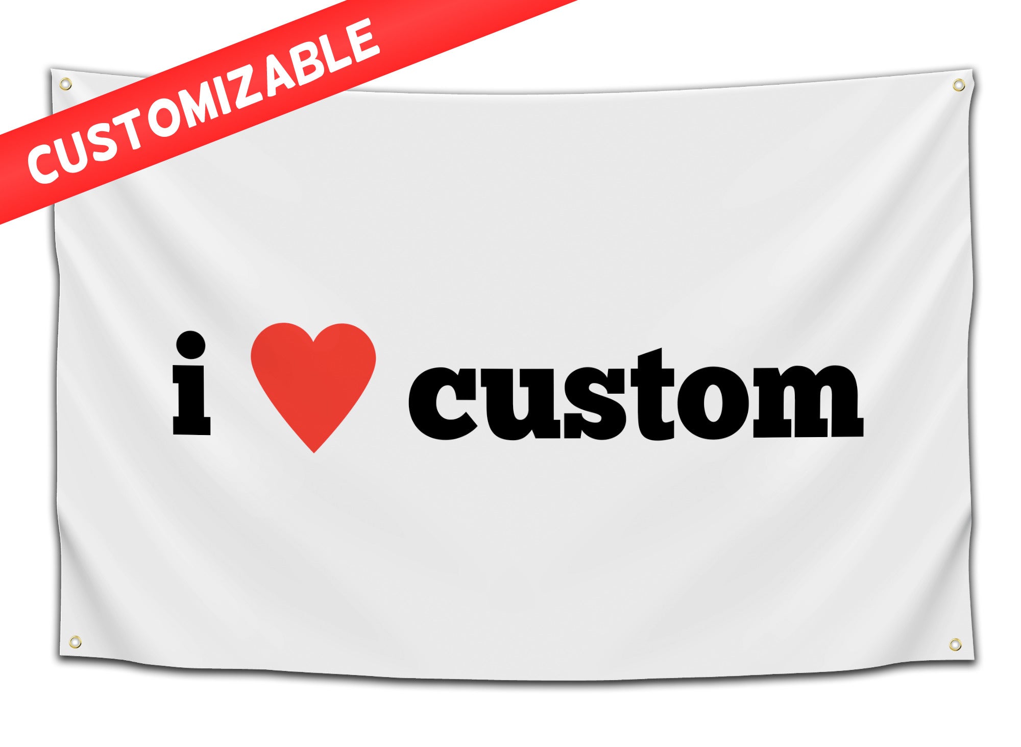 Minimalist “I ❤️ custom” flag with bold black text and red heart – personalized dorm or apartment banner from CollegeWares.