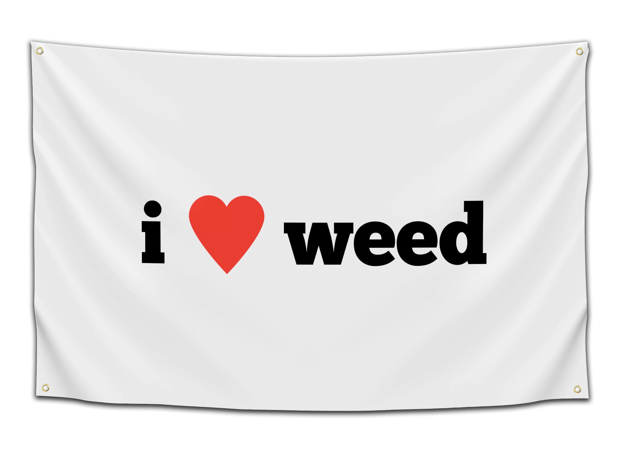White flag with bold black text that says “i ❤️ weed” with a red heart – funny stoner decor flag from CollegeWares.