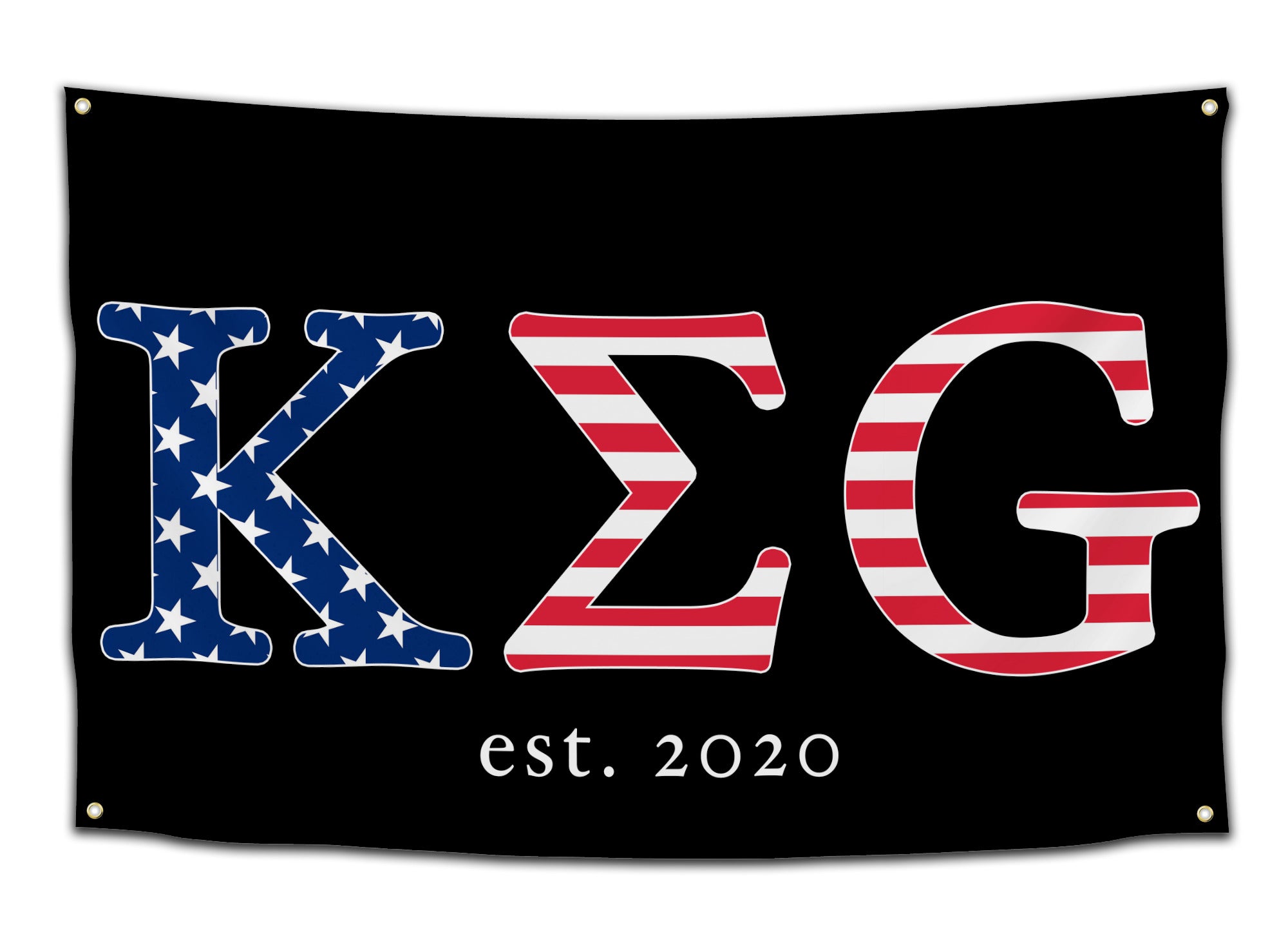 Black flag with Greek letters “KΣG” spelling out KEG filled with American flag stars and stripes, and text “est. 2020” — patriotic frat flag from CollegeWares.