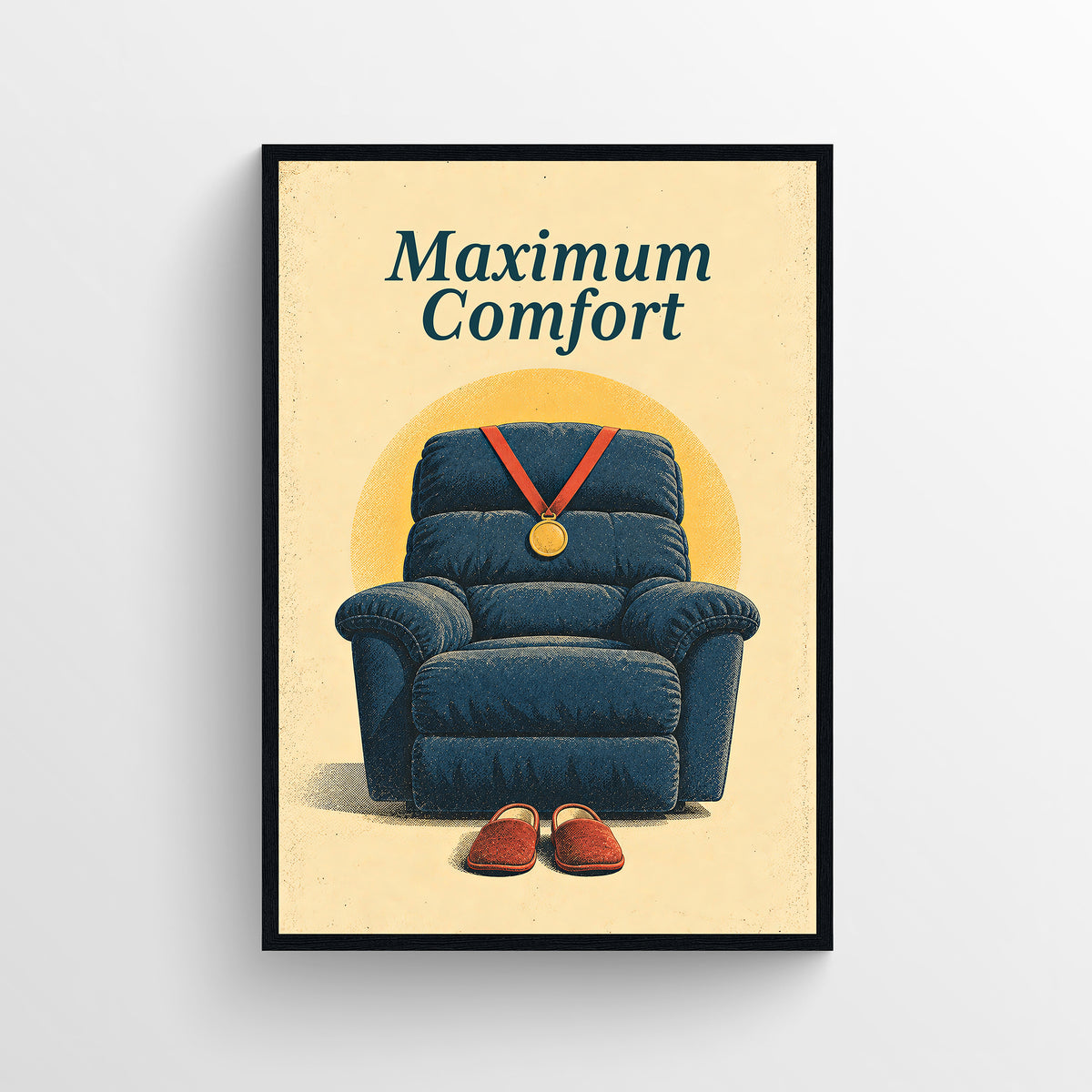 Retro-style poster reading “Maximum Comfort,” illustrated with an oversized blue armchair with a matching footrest, in warm cream, teal, and orange tones.