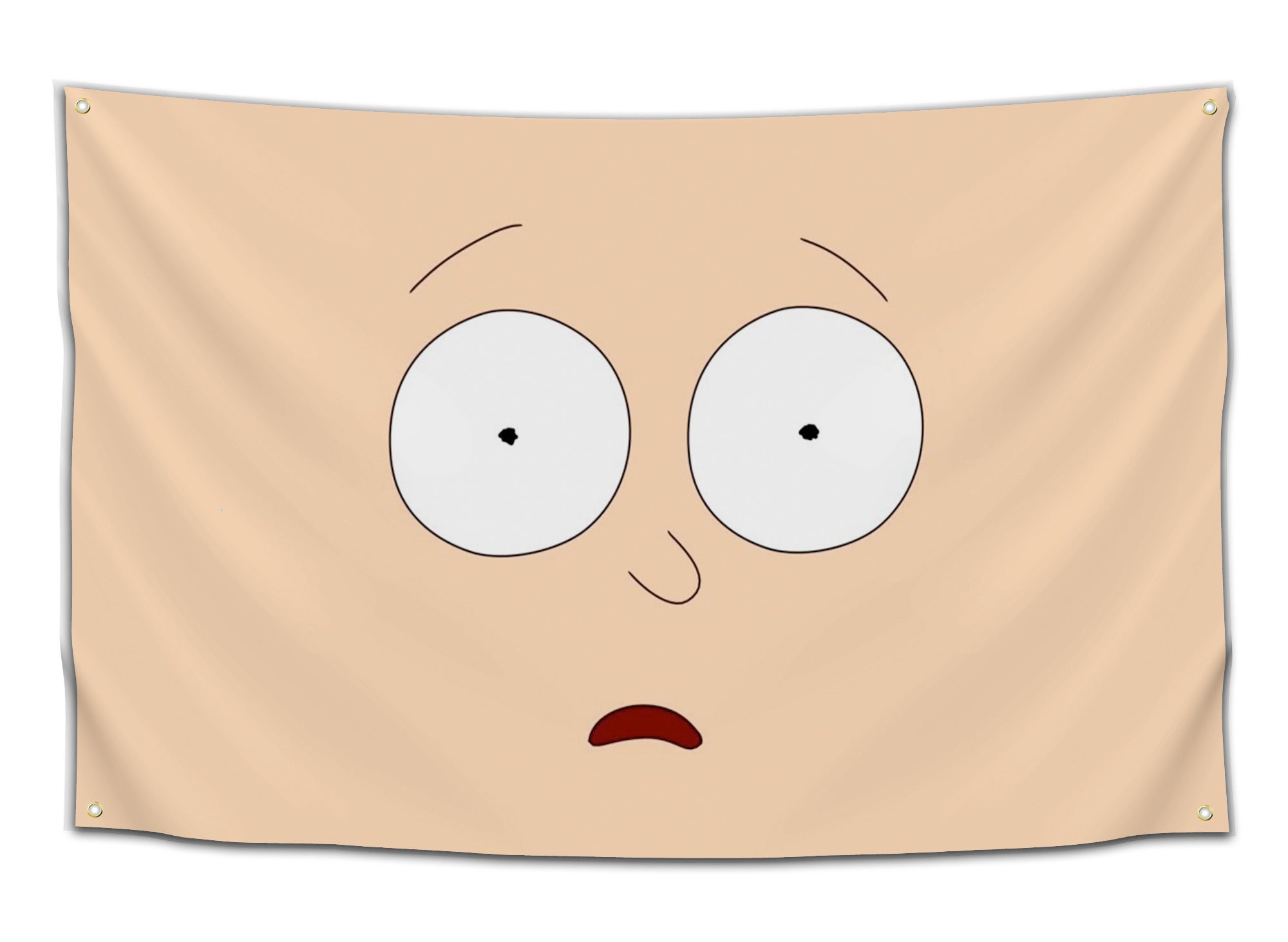 Flag featuring Morty Smith’s shocked cartoon face with a tan background and wide-eyed expression — funny Rick and Morty flag from CollegeWares.