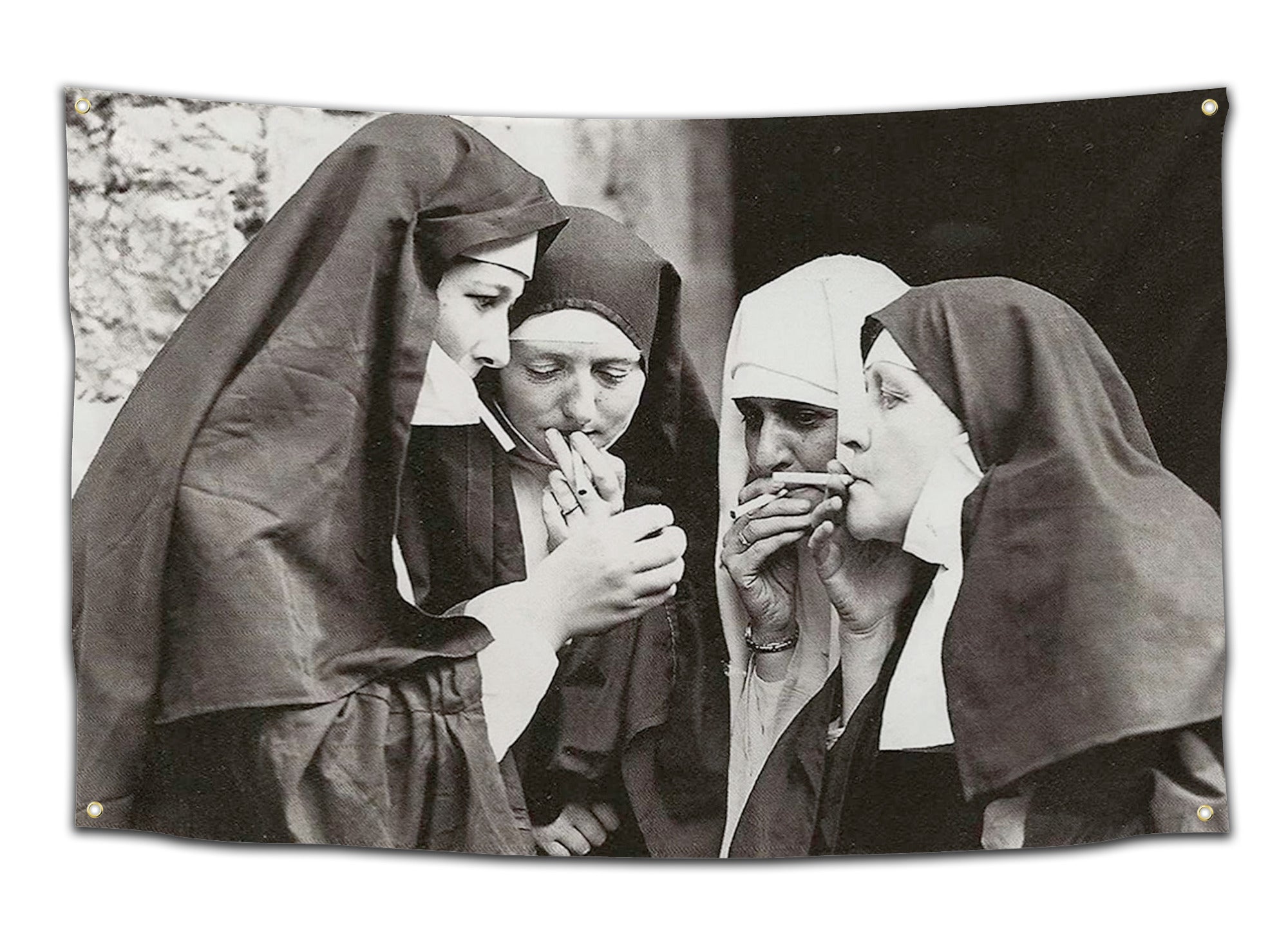 Flag showing four nuns sharing cigarettes in a vintage black-and-white photo — edgy party flag from CollegeWares.