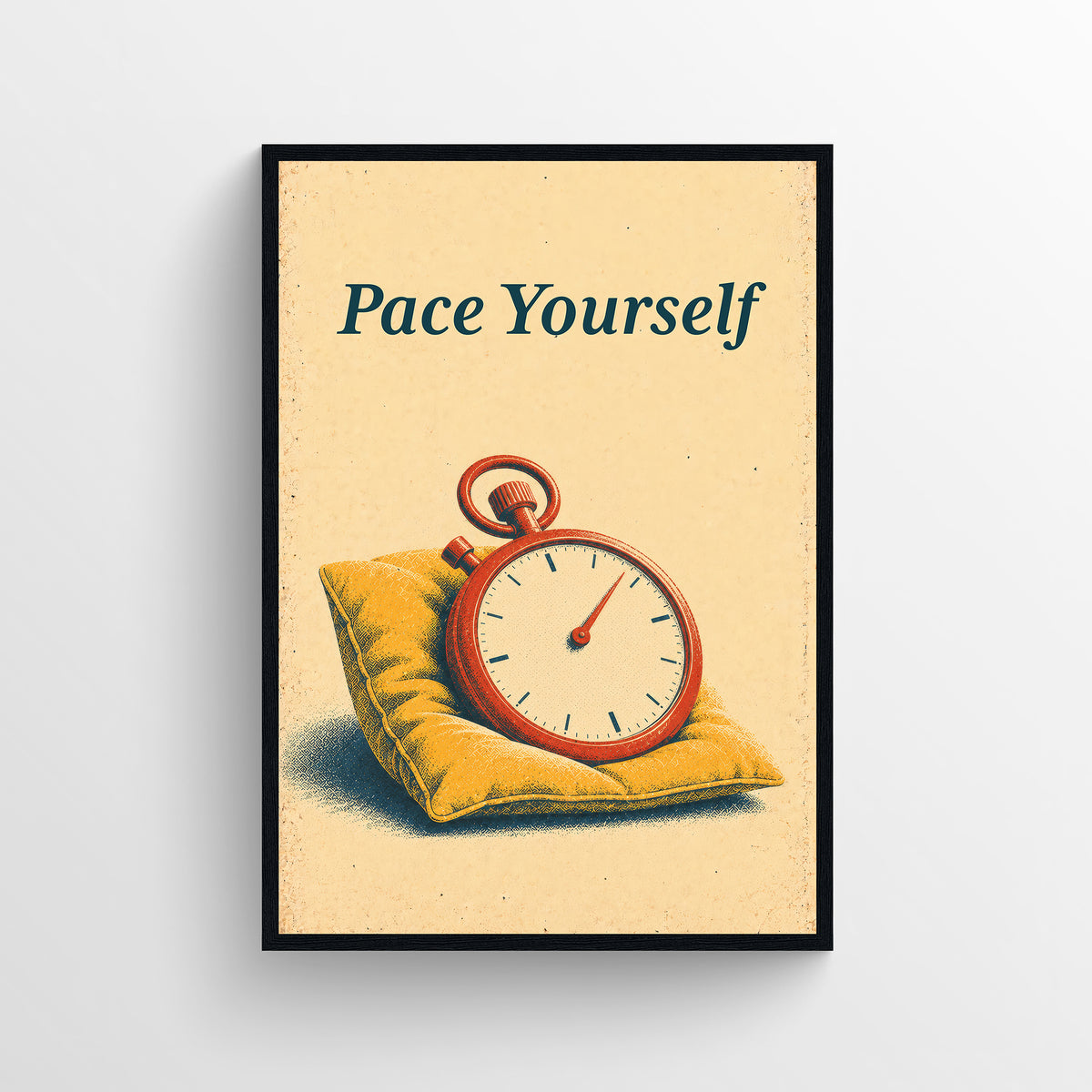 Retro-style poster reading “Pace Yourself,” illustrated with a red stopwatch resting on a soft yellow pillow, in warm cream, teal, and orange tones.