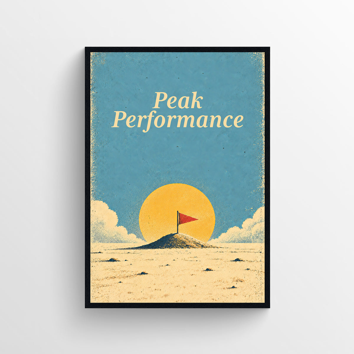 Retro-style poster reading “Peak Performance,” illustrated with a small sun rising above a low desert ridge, in warm cream, teal, and orange tones.