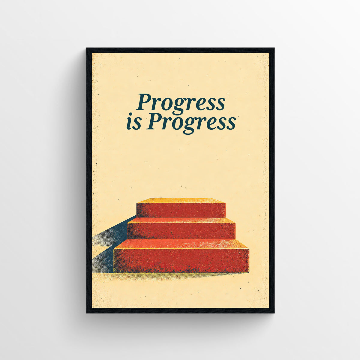 Retro-style poster reading “Progress is Progress,” illustrated with a stack of books arranged like a small staircase, in warm cream, teal, and orange tones.