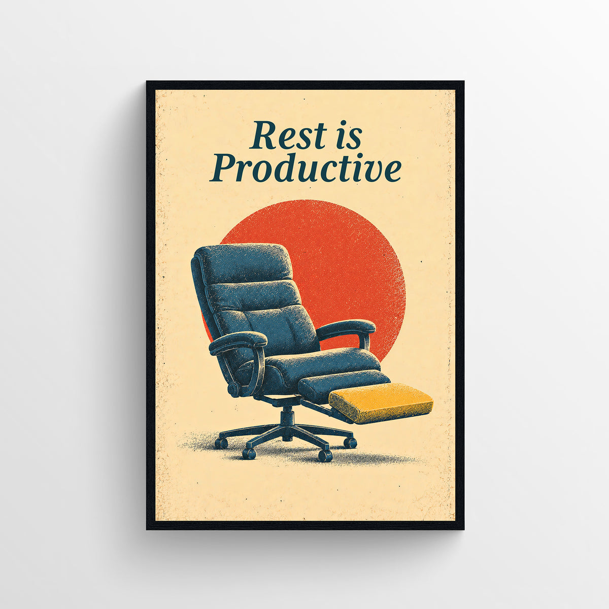 Retro-style poster reading “Rest is Productive,” illustrated with a reclining office chair beneath a warm sun, in warm cream, teal, and orange tones.