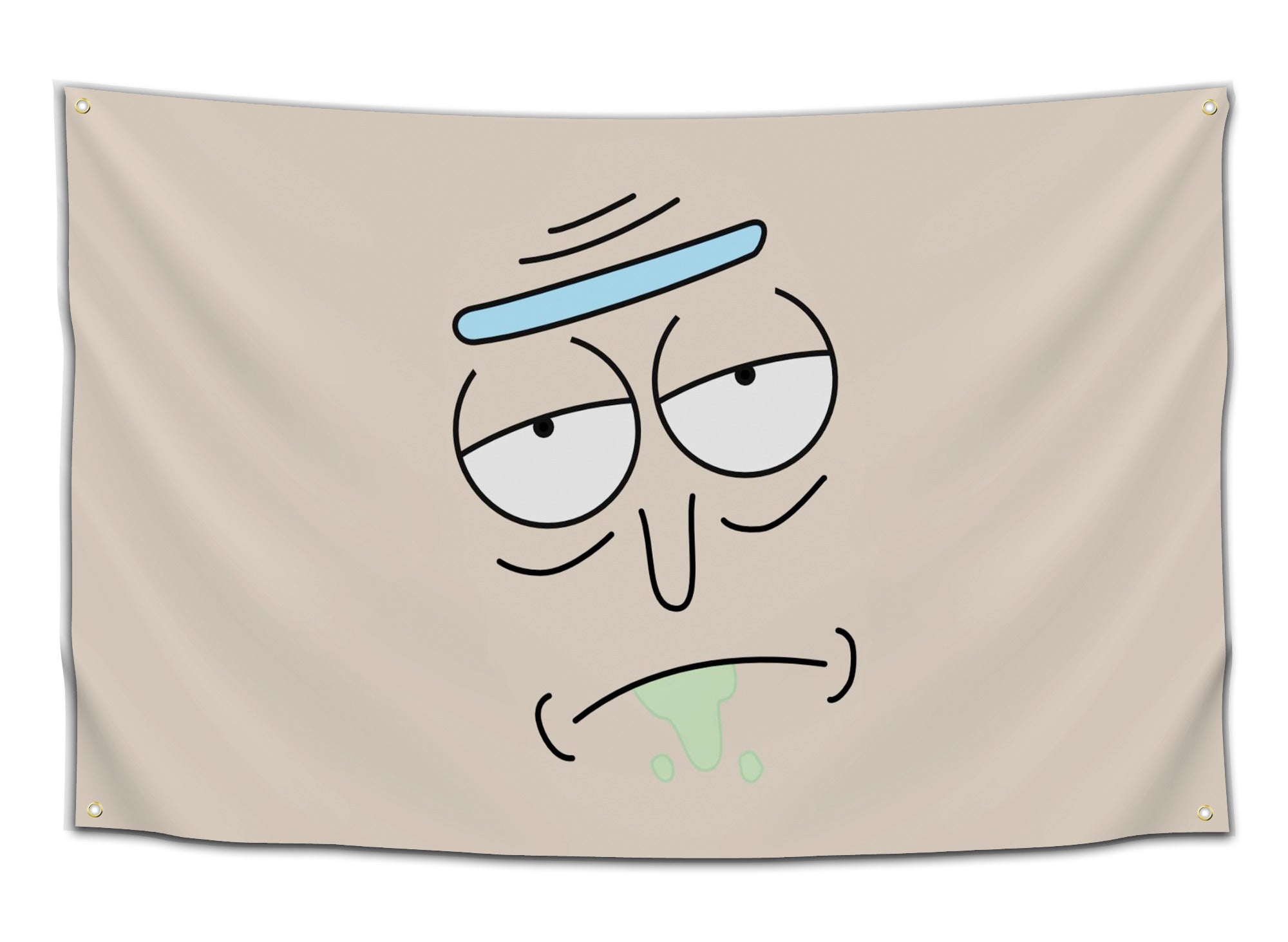 Flag featuring a close-up of Rick Sanchez’s cartoon face with a tan background — funny Rick and Morty meme flag from CollegeWares.