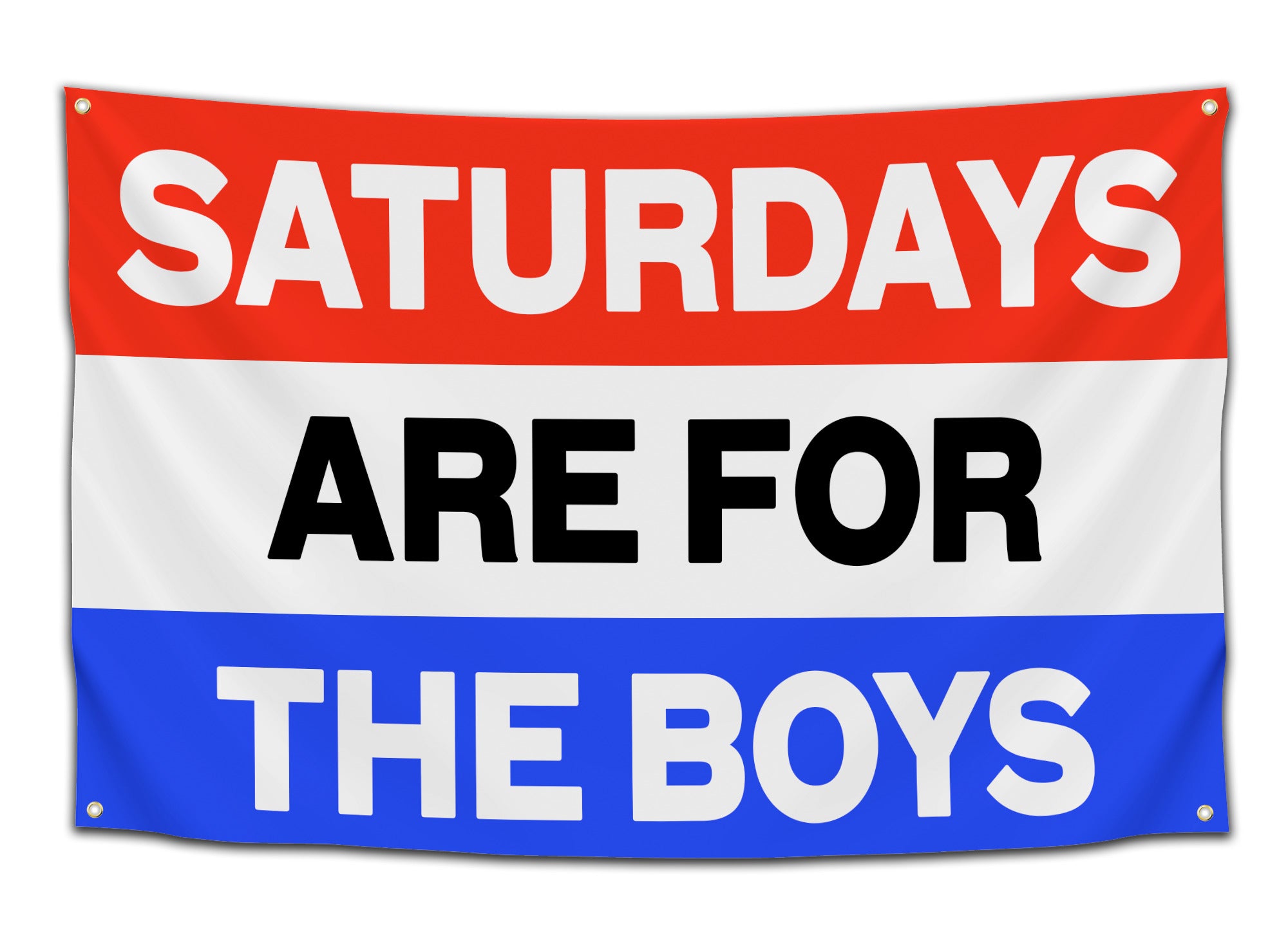 Flag featuring bold white and black text “Saturdays Are For The Boys” on a red, white, and blue striped background — party banner from CollegeWares.