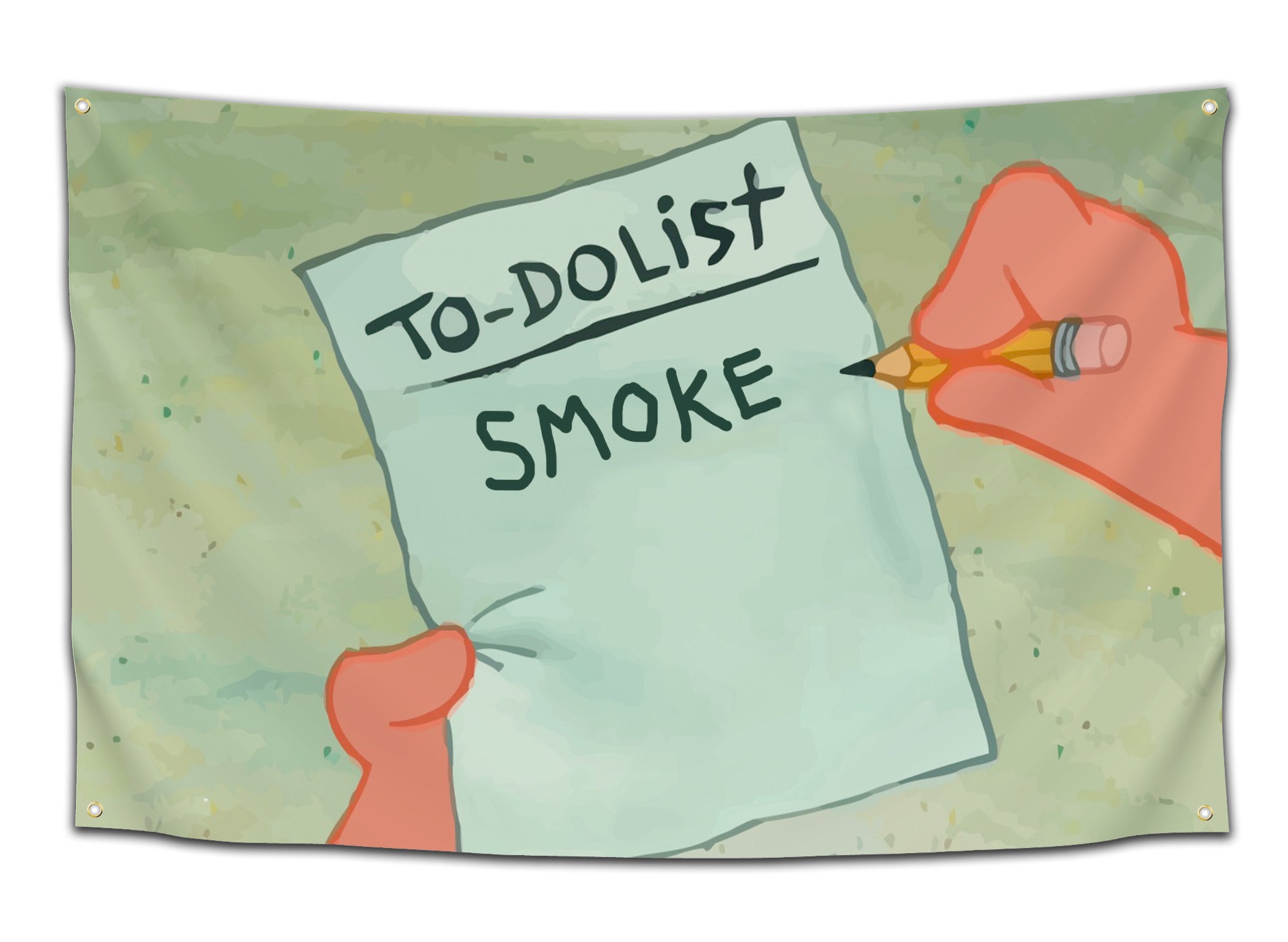 Flag featuring a cartoon Patrick Star&#39;s hand holding a “To-Do List” reading “Smoke” — stoner humor flag from CollegeWares.