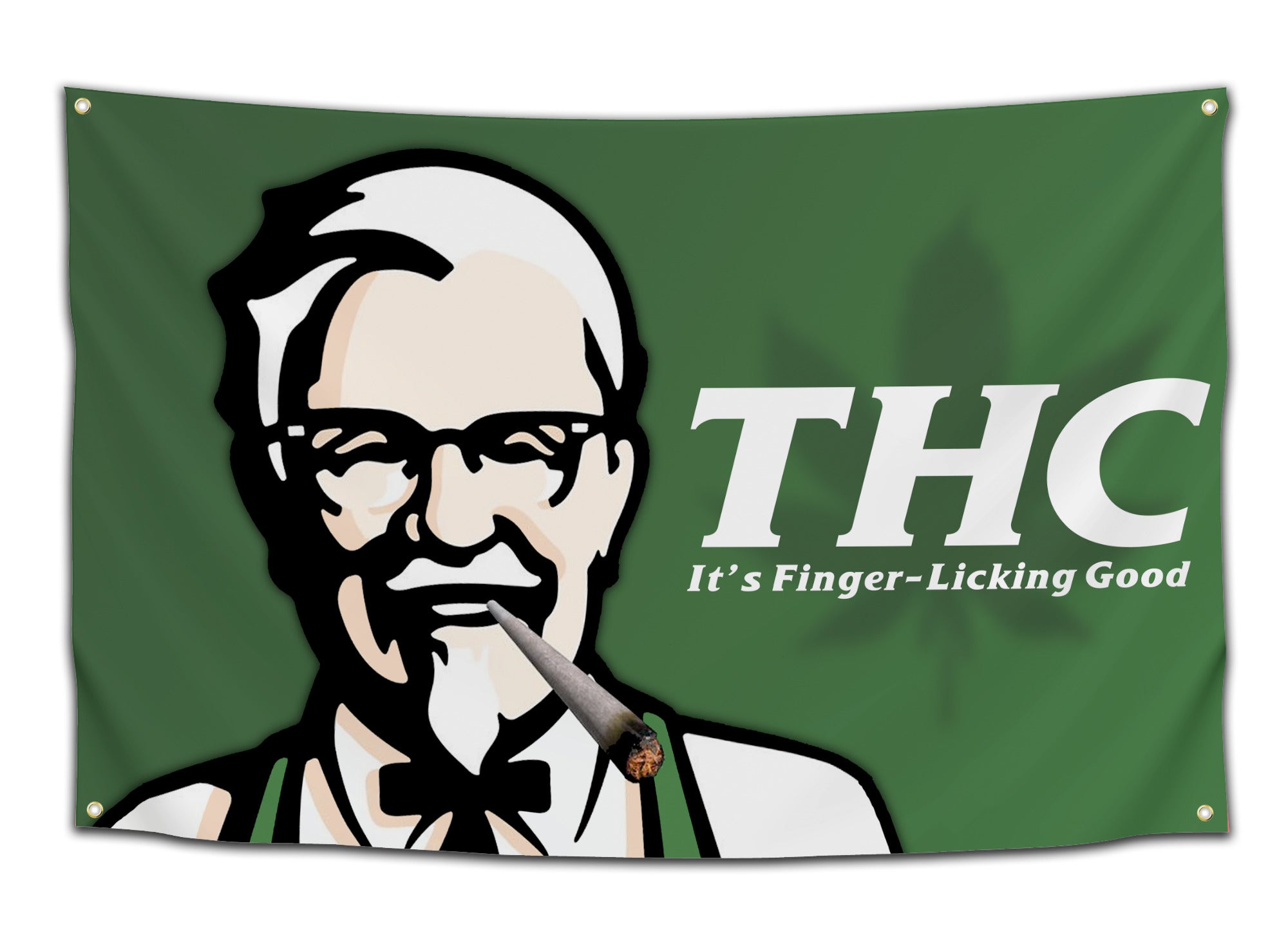Flag featuring a parody of Colonel Sanders holding a joint with the text “THC It’s Finger-Licking Good” — stoner meme flag from CollegeWares.