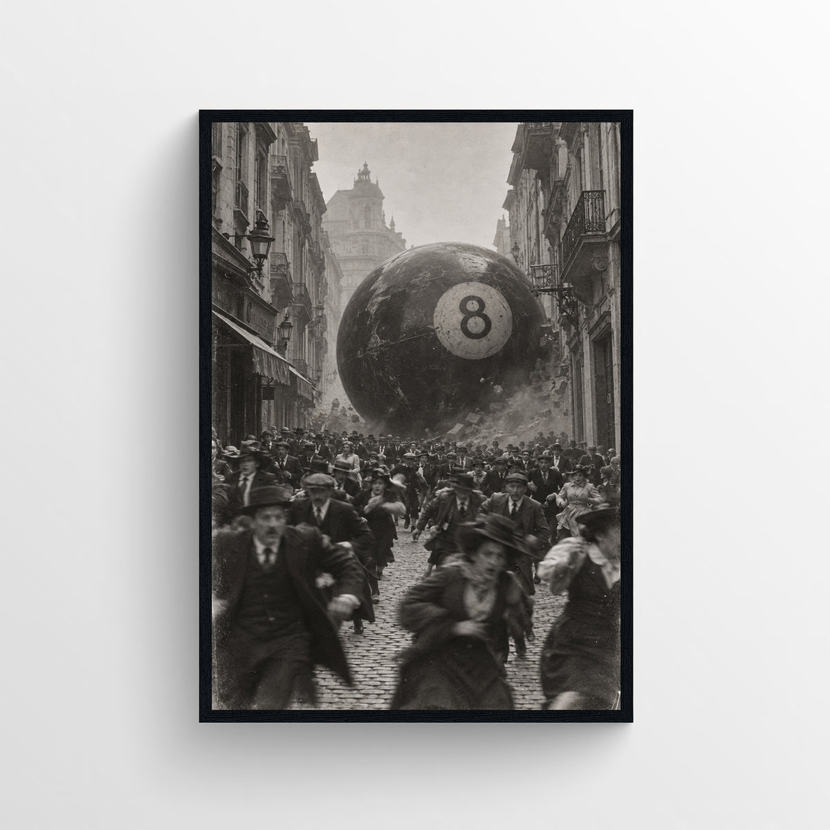 Black-and-white surreal poster showing a giant black 8-ball looming over a crowded historic city street as people run away — vintage-style wall art from CollegeWares.