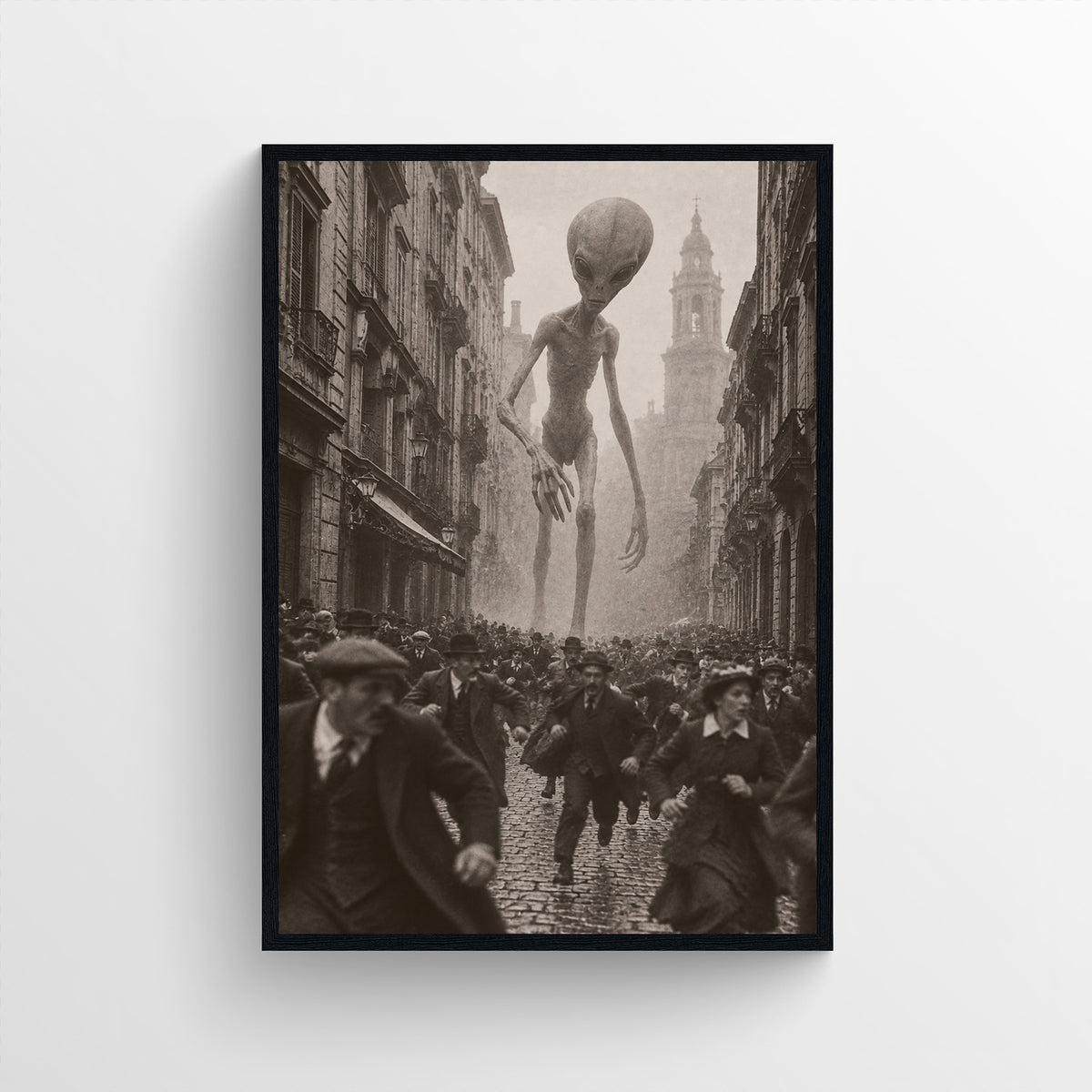 Black-and-white surreal poster showing a towering long-limbed alien walking through a crowded historic city street as people flee — vintage-style wall art from CollegeWares.