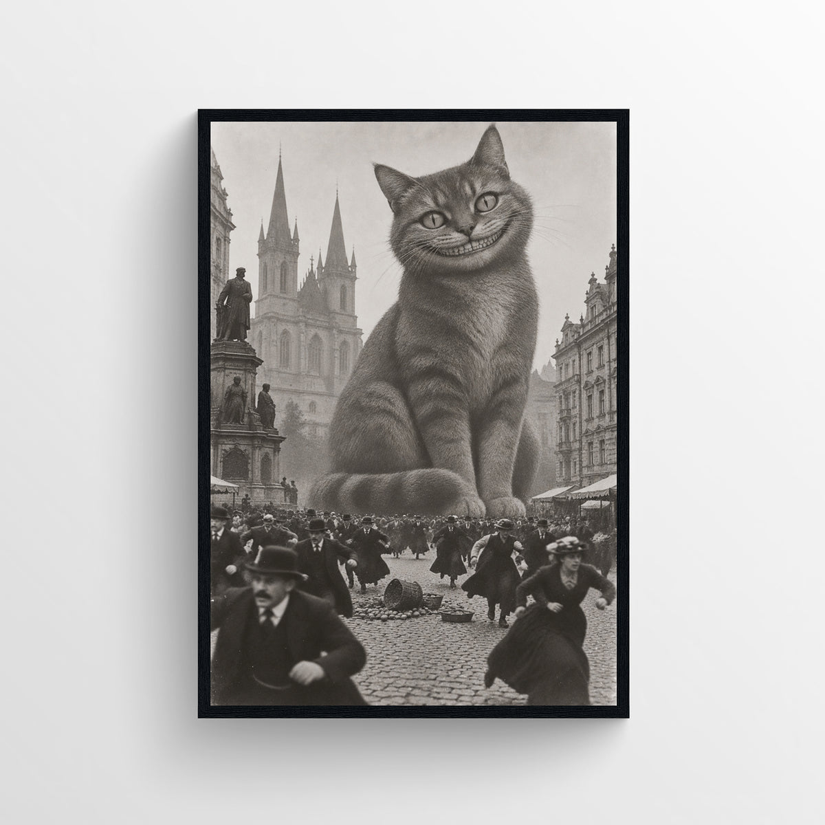 Black-and-white surreal poster showing a giant grinning striped Cheshire Cat sitting above a crowded historic city street — vintage-style wall art from CollegeWares.