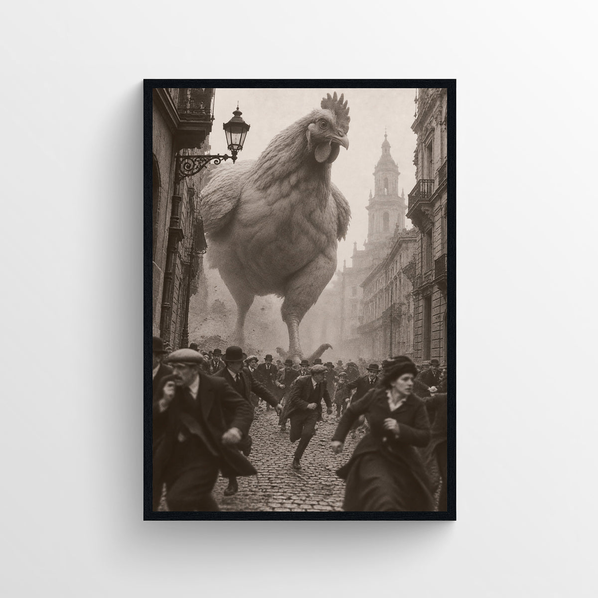 Black-and-white surreal poster showing a giant chicken charging through a crowded historic European street as people flee — vintage-style wall art from CollegeWares.