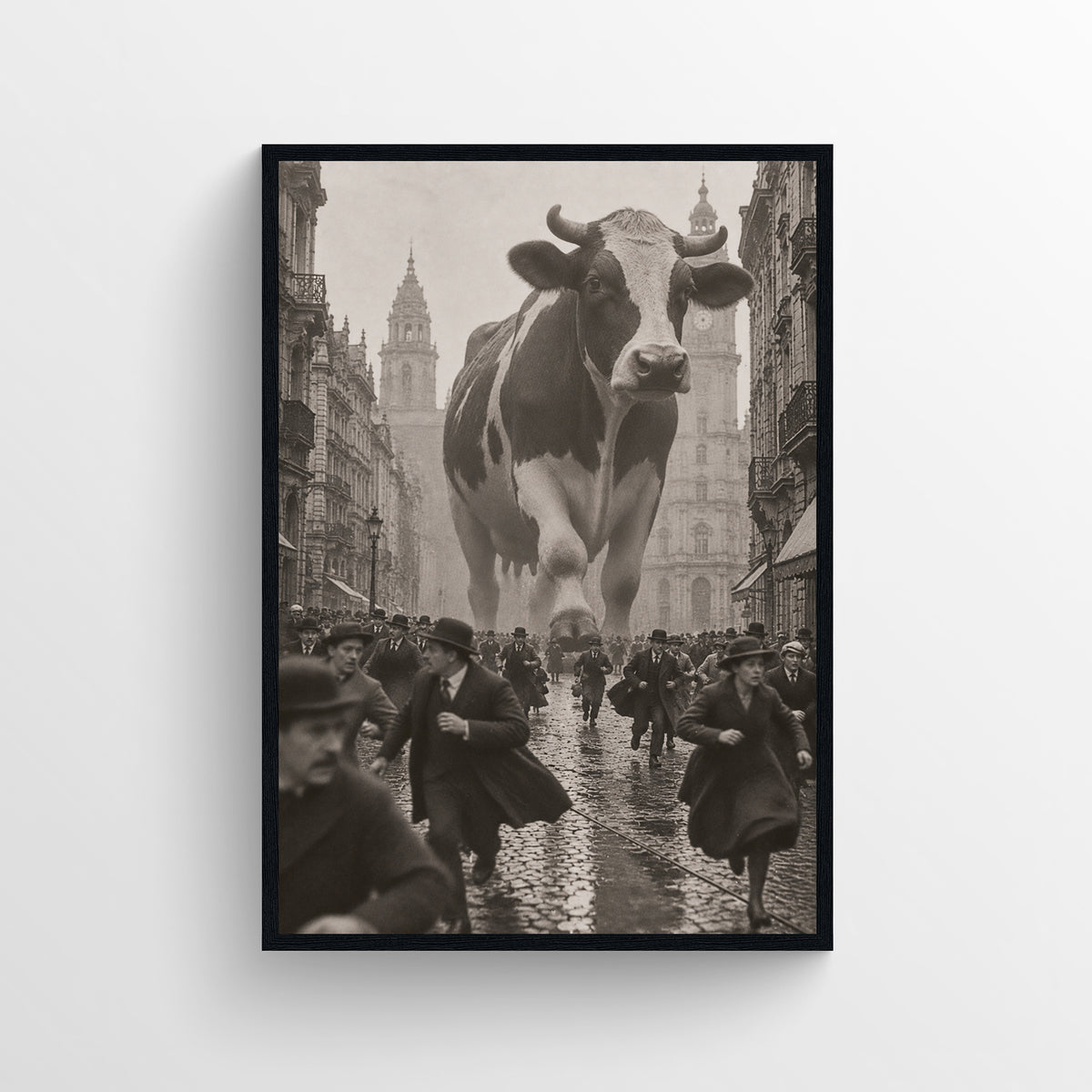 Black-and-white surreal poster showing a giant black-and-white cow standing in a crowded rain-soaked historic city street — vintage-style wall art from CollegeWares.